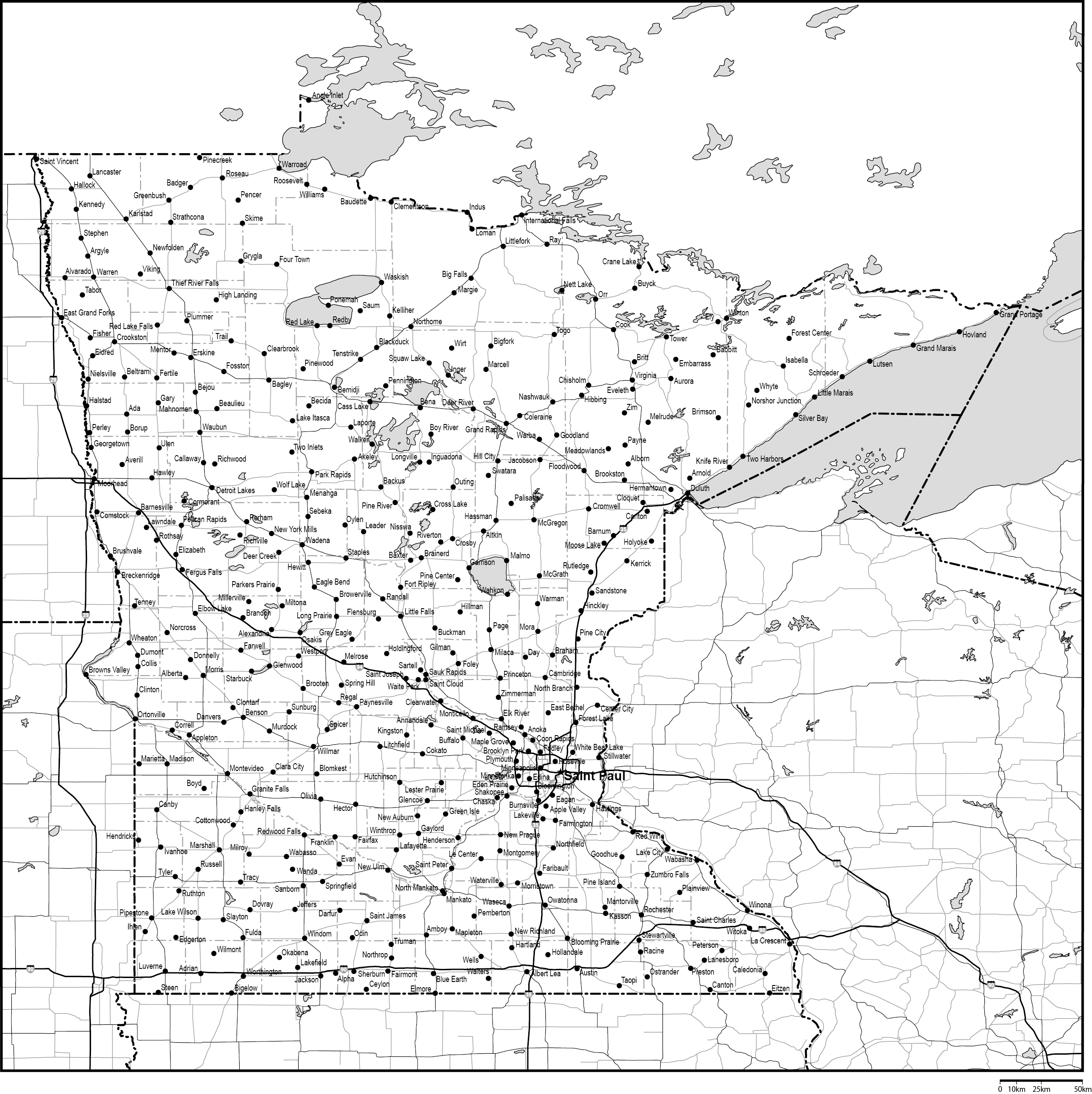 ミネソタ州郡分け白地図州都・主な都市・道路あり(英語)フリーデータの画像