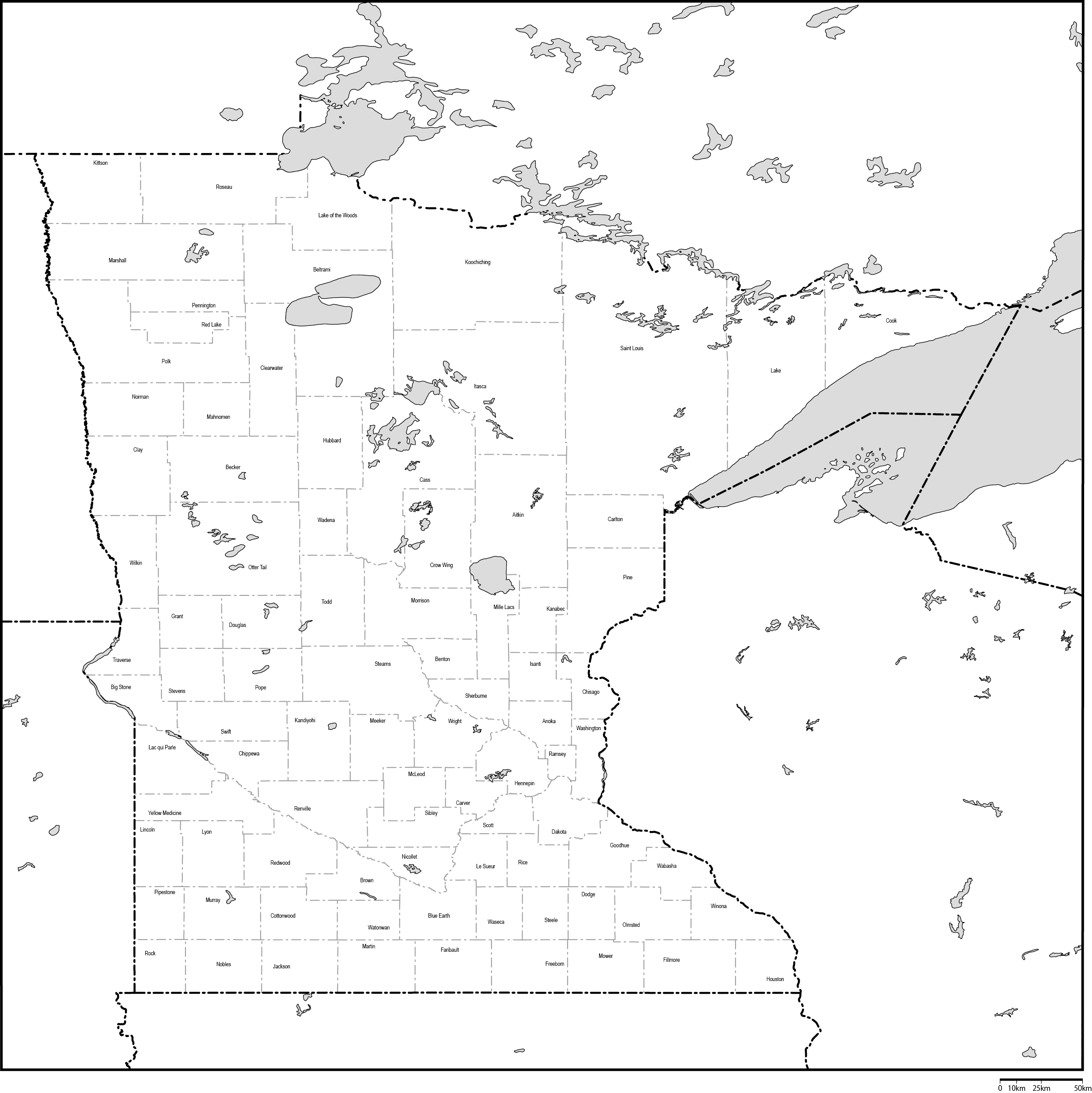 ミネソタ州郡分け白地図郡名あり(英語)フリーデータの画像