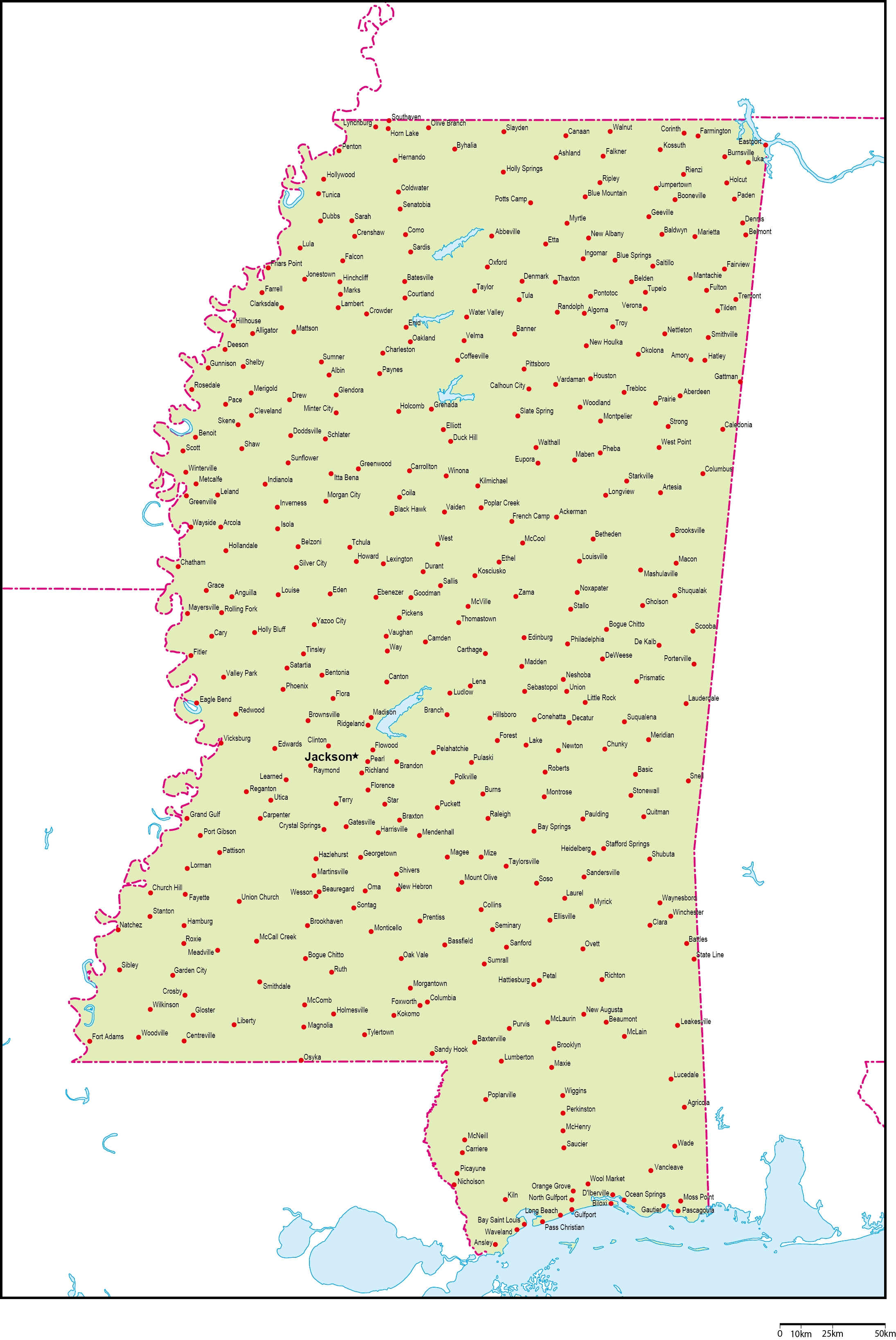ミシシッピ州地図州都・主な都市あり(英語)フリーデータの画像