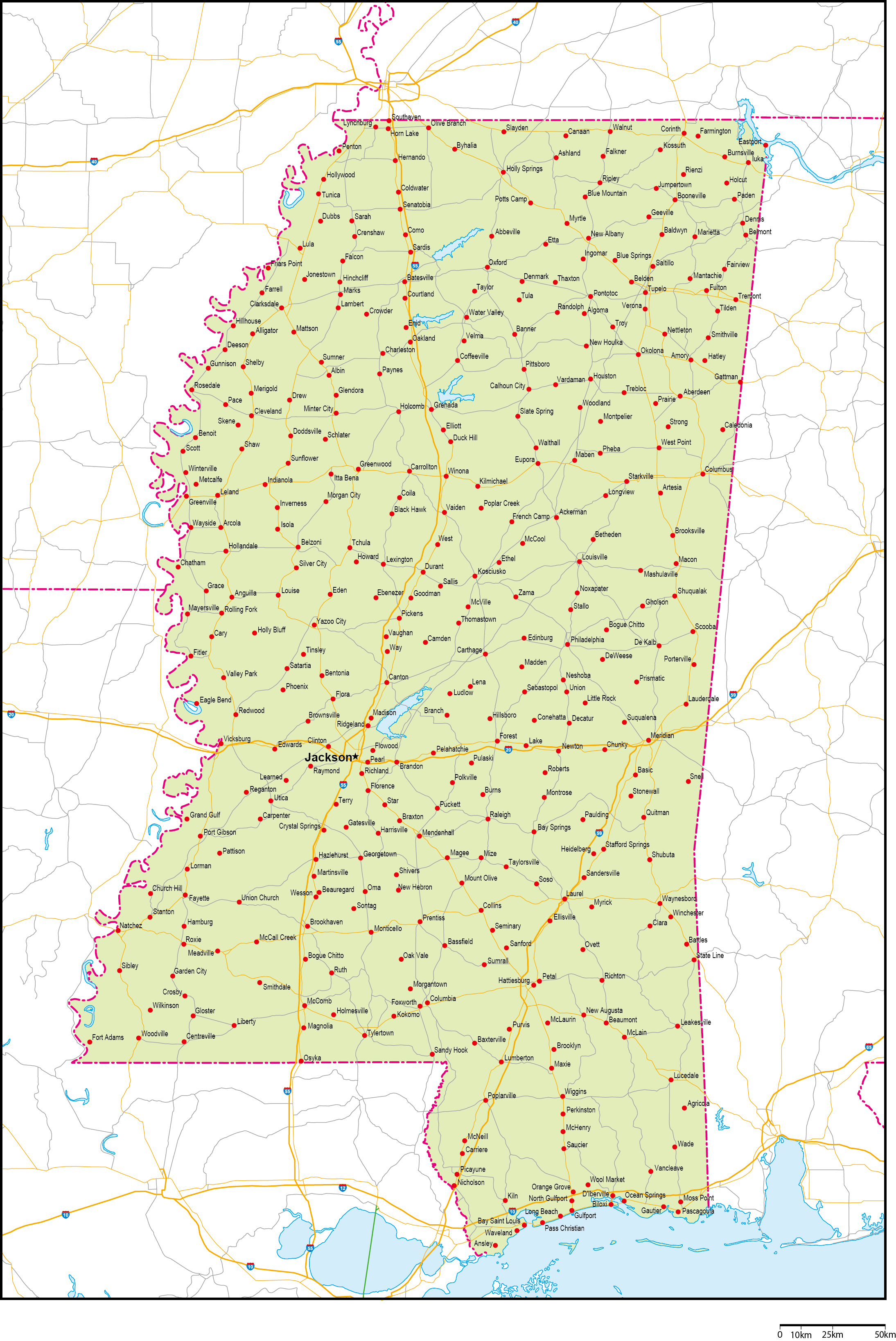 ミシシッピ州地図州都・主な都市・道路あり(英語)フリーデータの画像