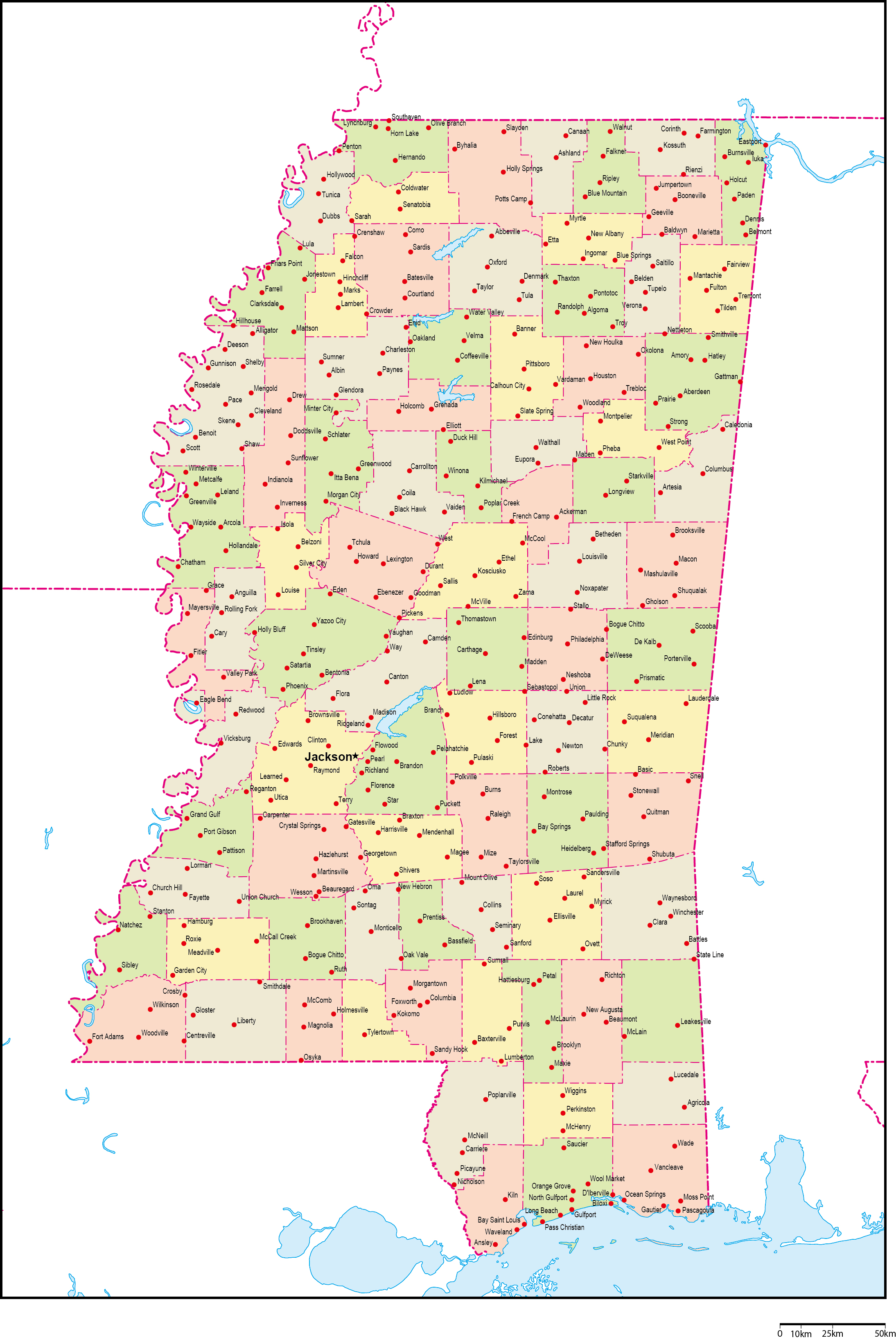 ミシシッピ州郡色分け地図州都・主な都市あり(英語)フリーデータの画像