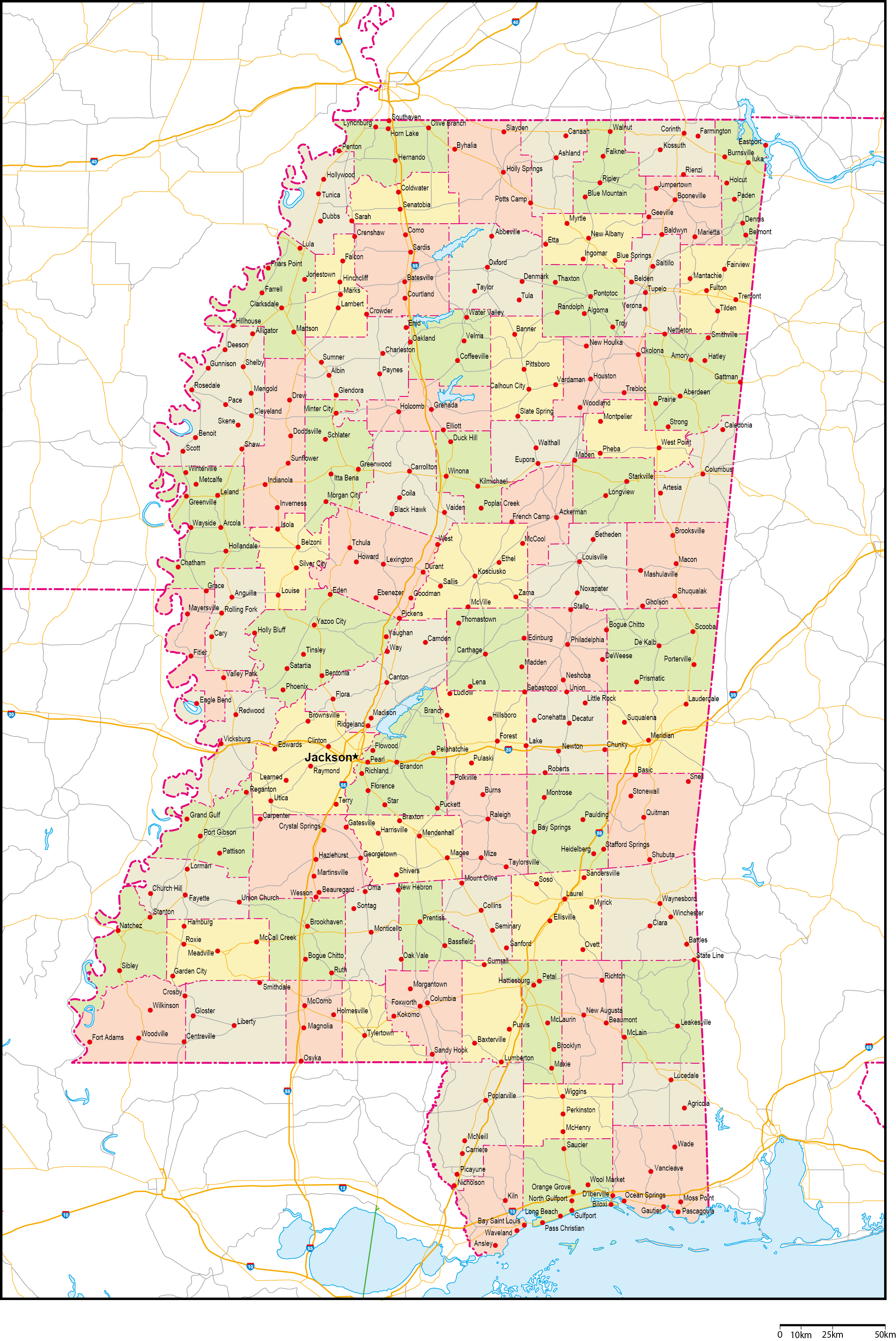 ミシシッピ州郡色分け地図州都・主な都市・道路あり(英語)フリーデータの画像