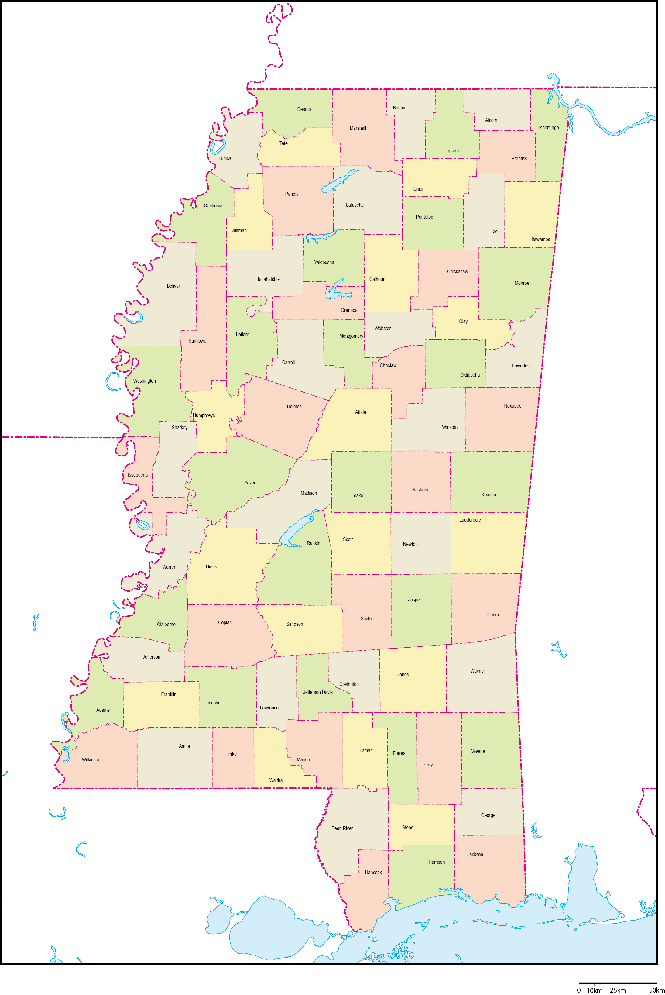 ミシシッピ州郡色分け地図郡名あり(英語)フリーデータの画像