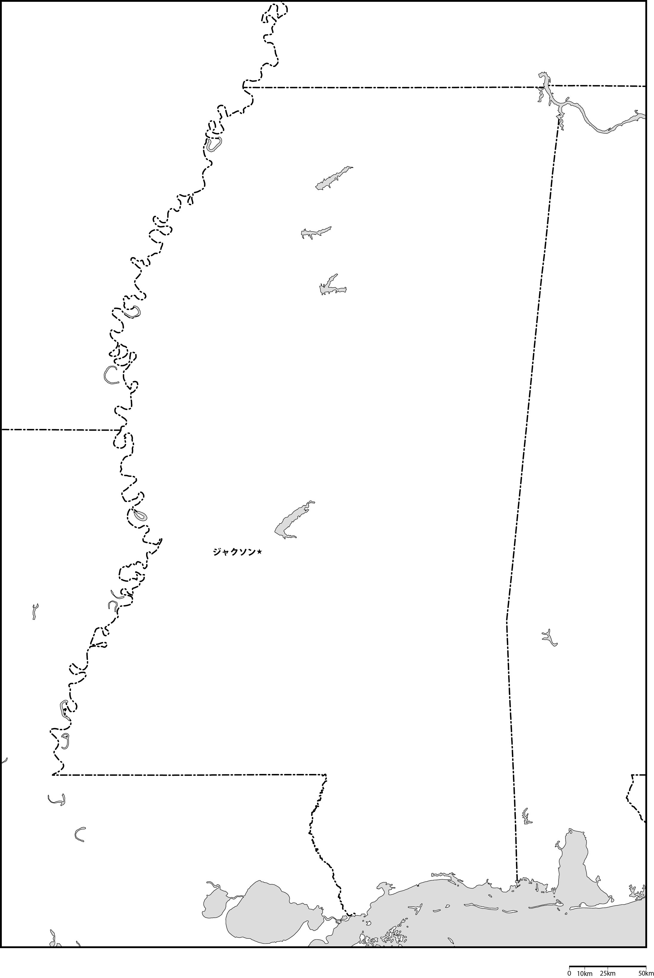 ミシシッピ州白地図州都あり(日本語)フリーデータの画像