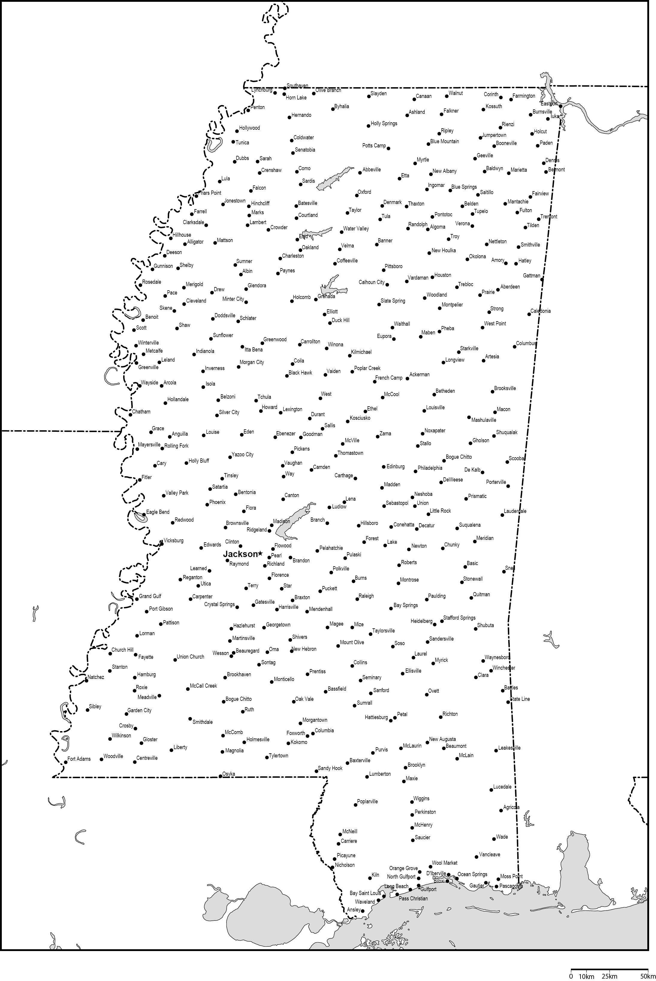 ミシシッピ州白地図州都・主な都市あり(英語)フリーデータの画像
