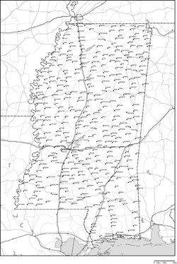 ミシシッピ州白地図州都・主な都市・道路あり(英語)