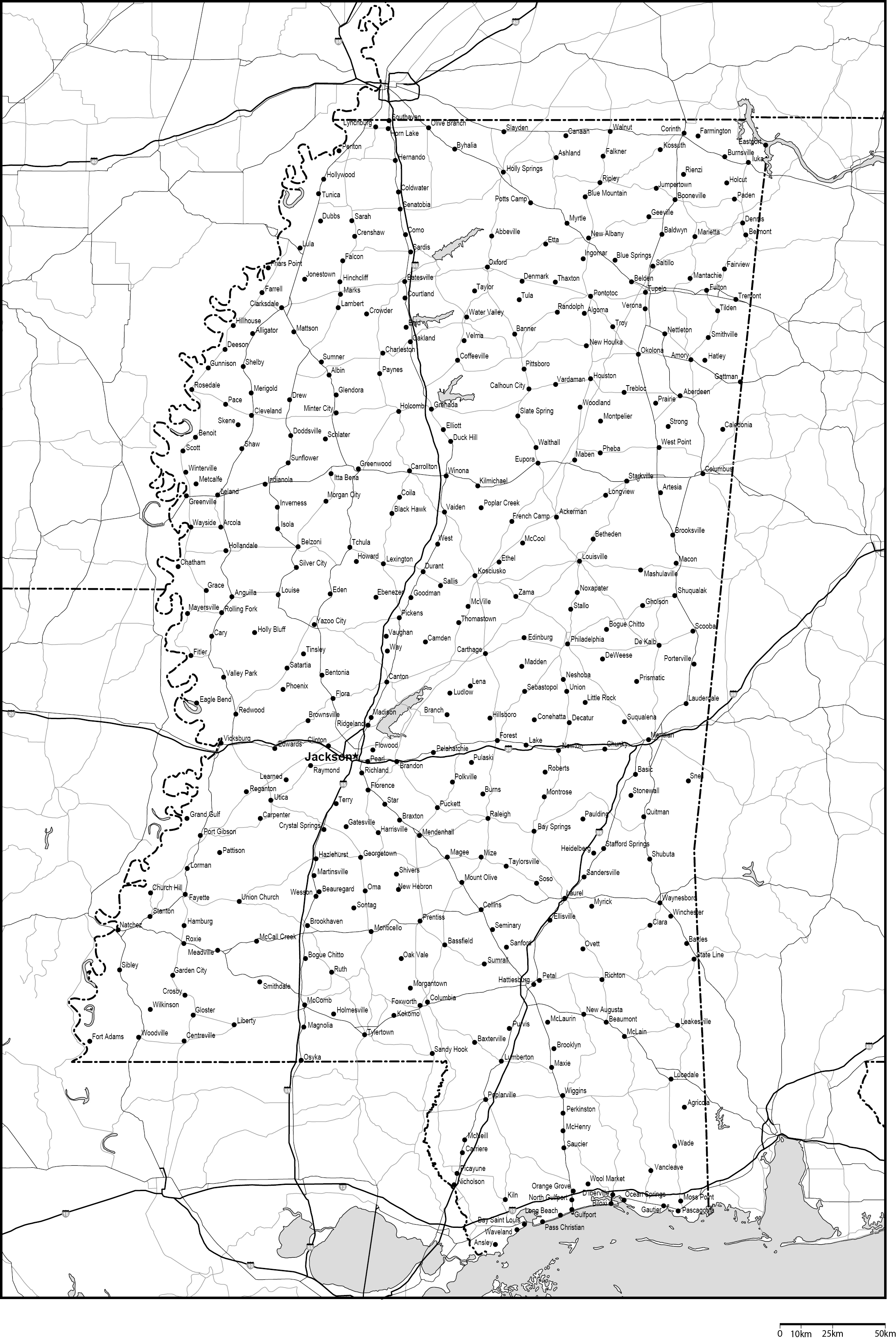 ミシシッピ州白地図州都・主な都市・道路あり(英語)フリーデータの画像