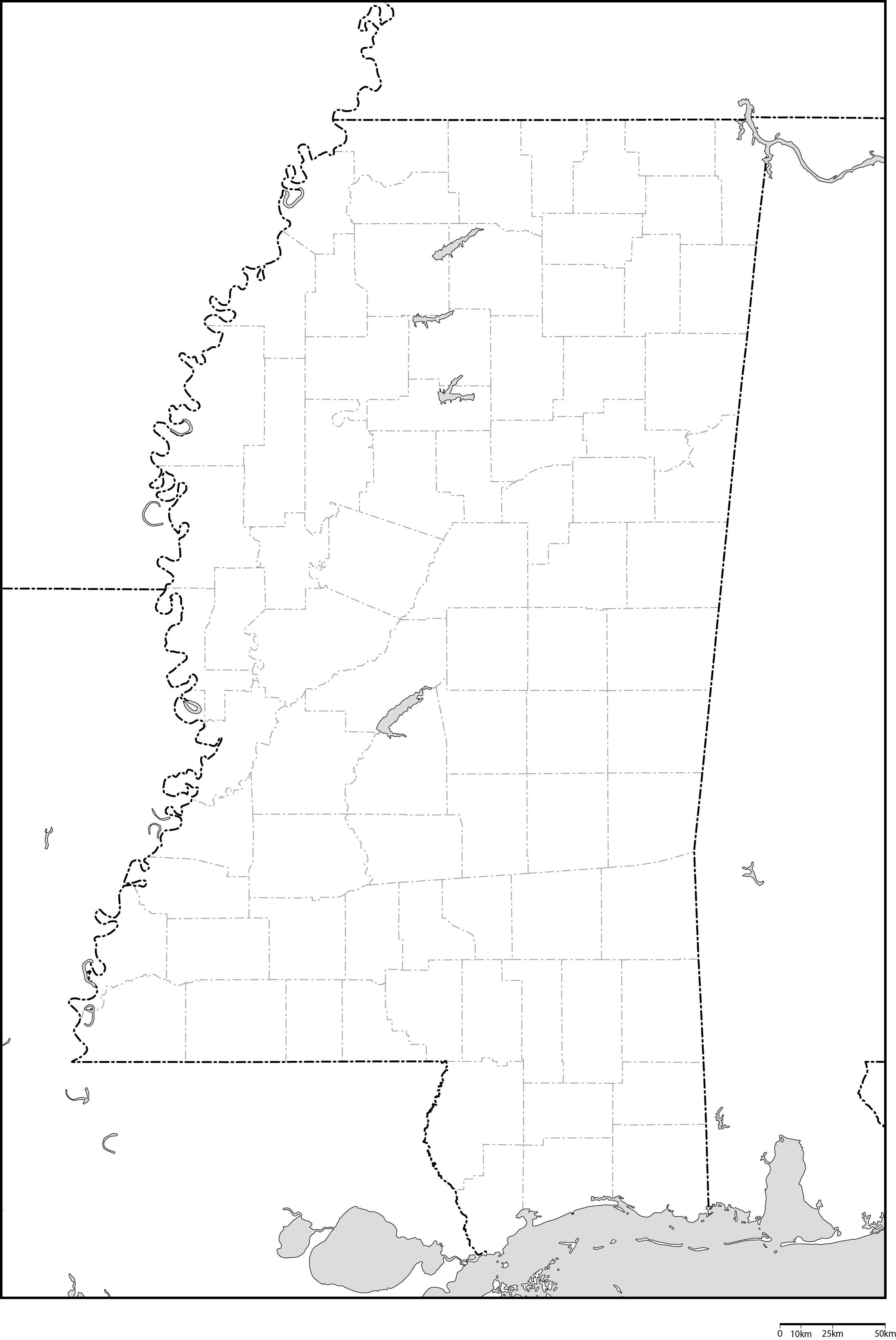 ミシシッピ州郡分け白地図フリーデータの画像
