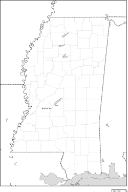 ミシシッピ州郡分け白地図州都あり(日本語)