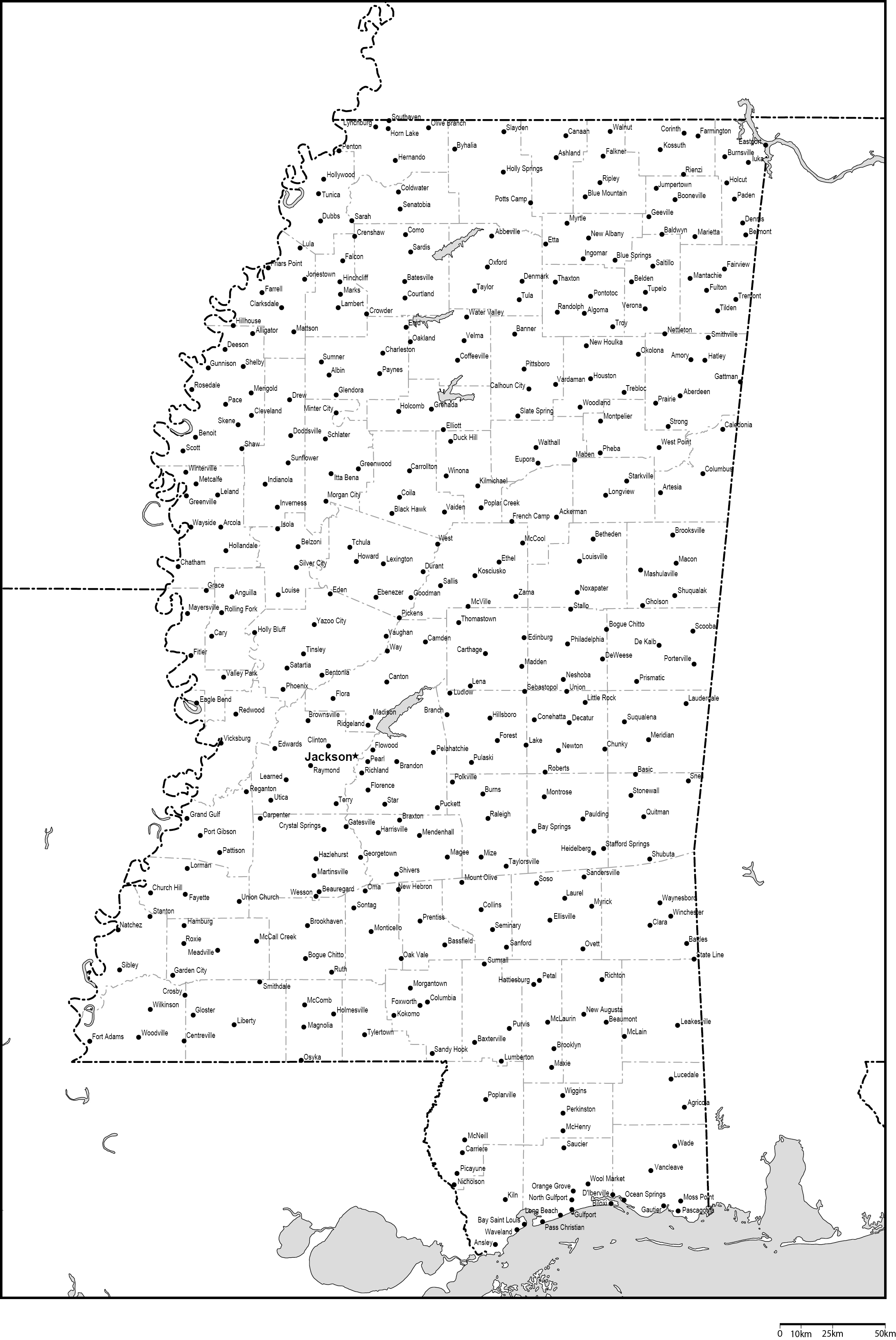 ミシシッピ州郡分け白地図州都・主な都市あり(英語)フリーデータの画像