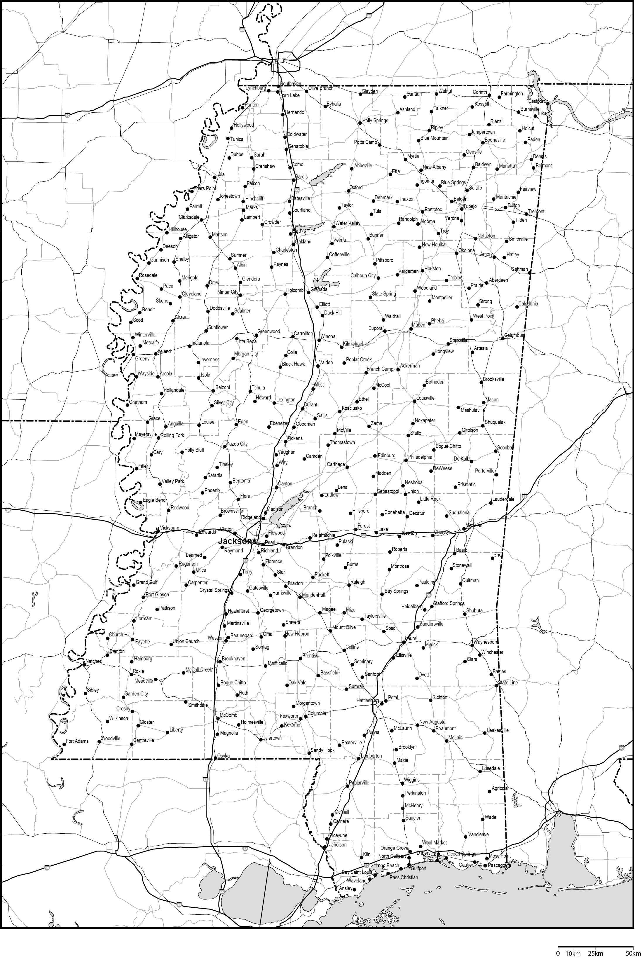 ミシシッピ州郡分け白地図州都・主な都市・道路あり(英語)フリーデータの画像