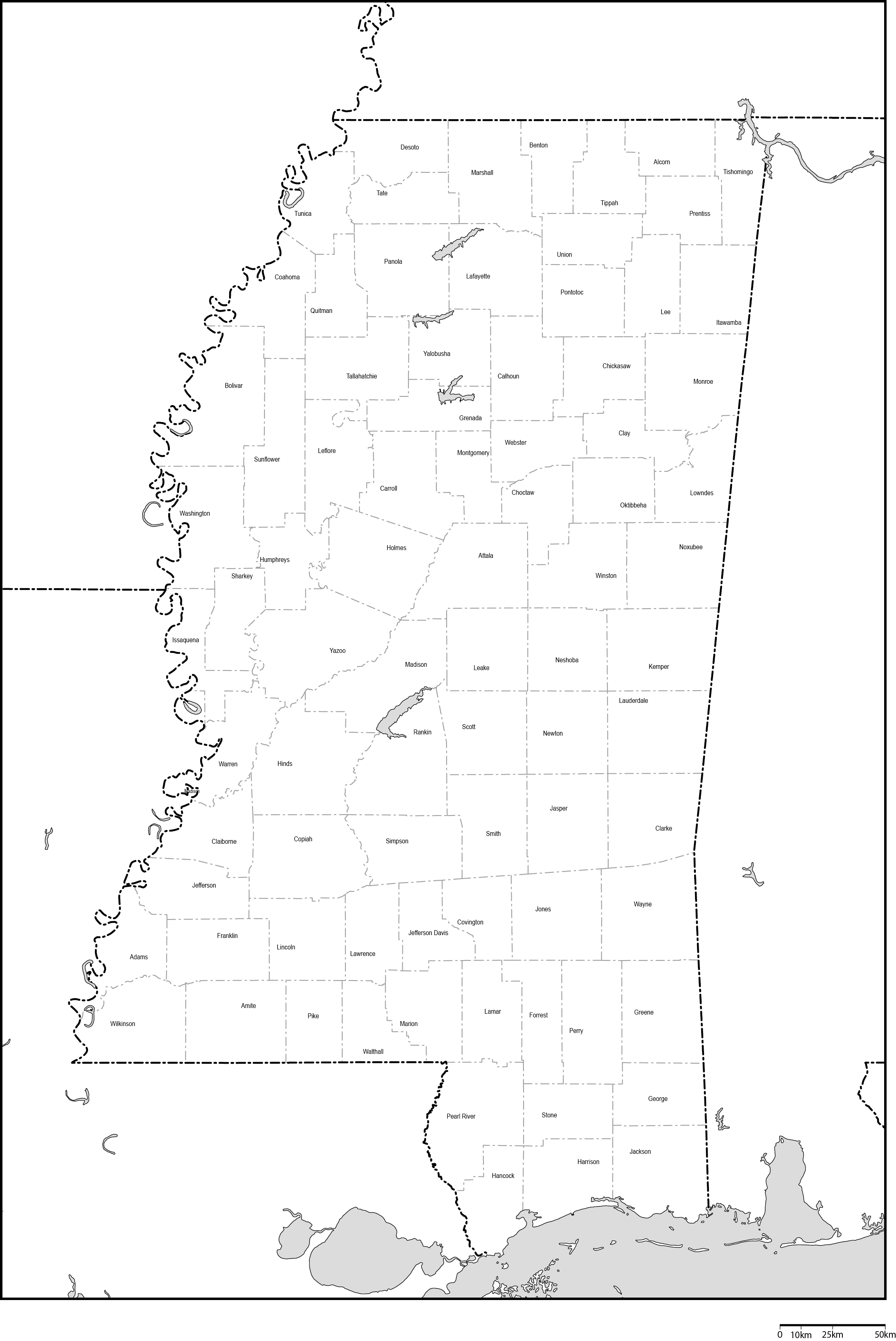 ミシシッピ州郡分け白地図郡名あり(英語)フリーデータの画像