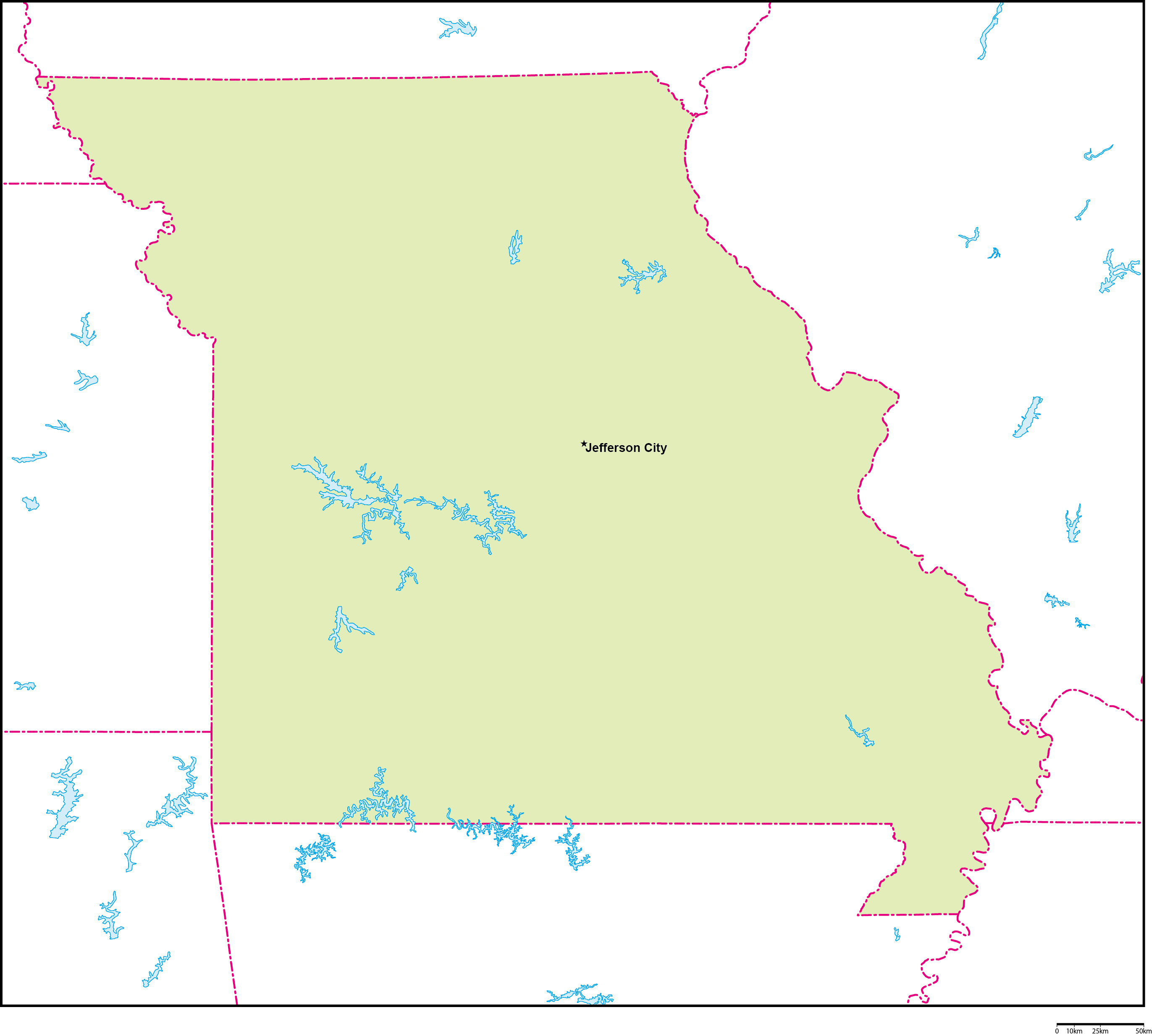 ミズーリ州地図州都あり(英語)フリーデータの画像