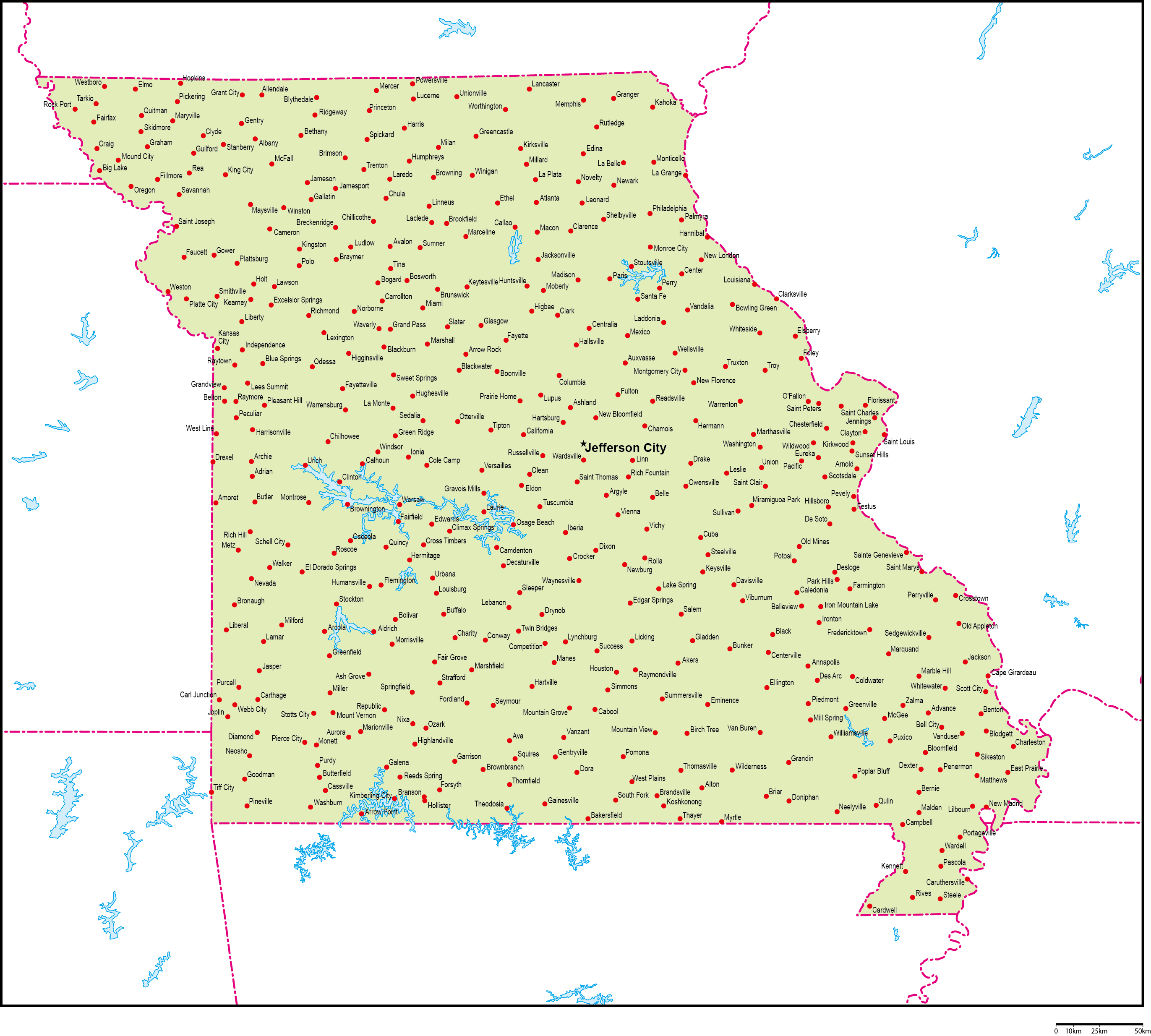 ミズーリ州地図州都・主な都市あり(英語)フリーデータの画像