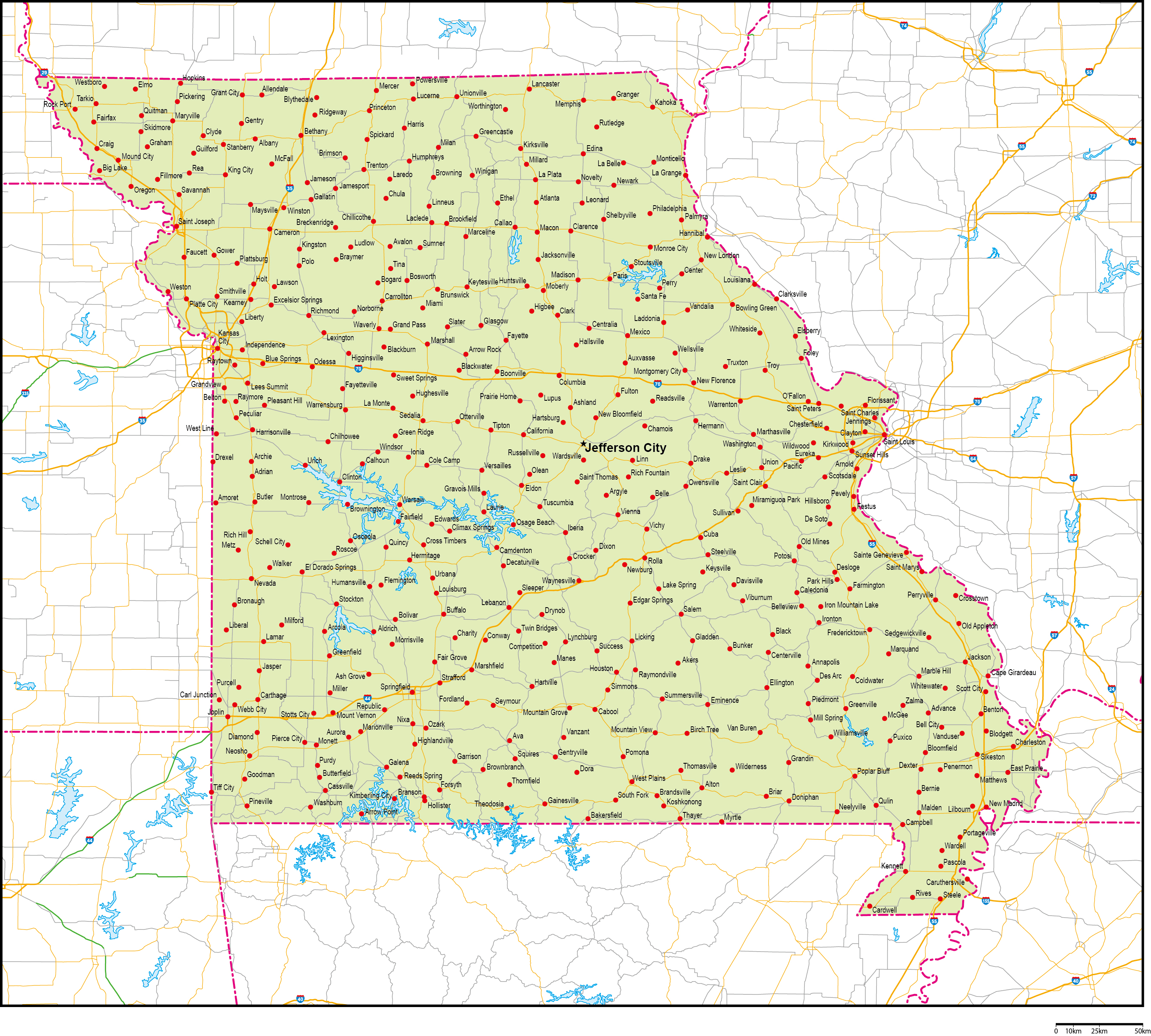 ミズーリ州地図州都・主な都市・道路あり(英語)フリーデータの画像
