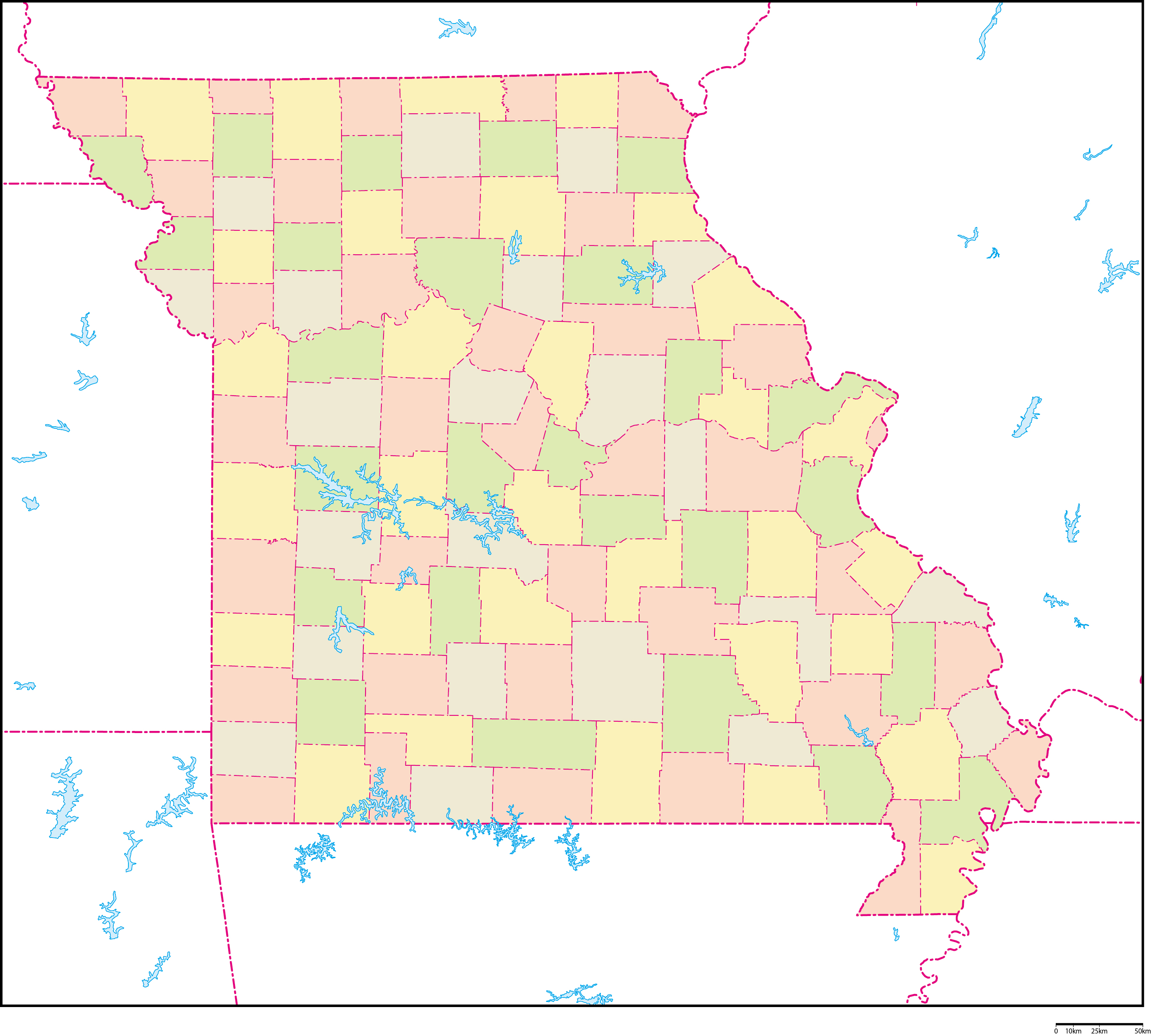 ミズーリ州郡色分け地図フリーデータの画像