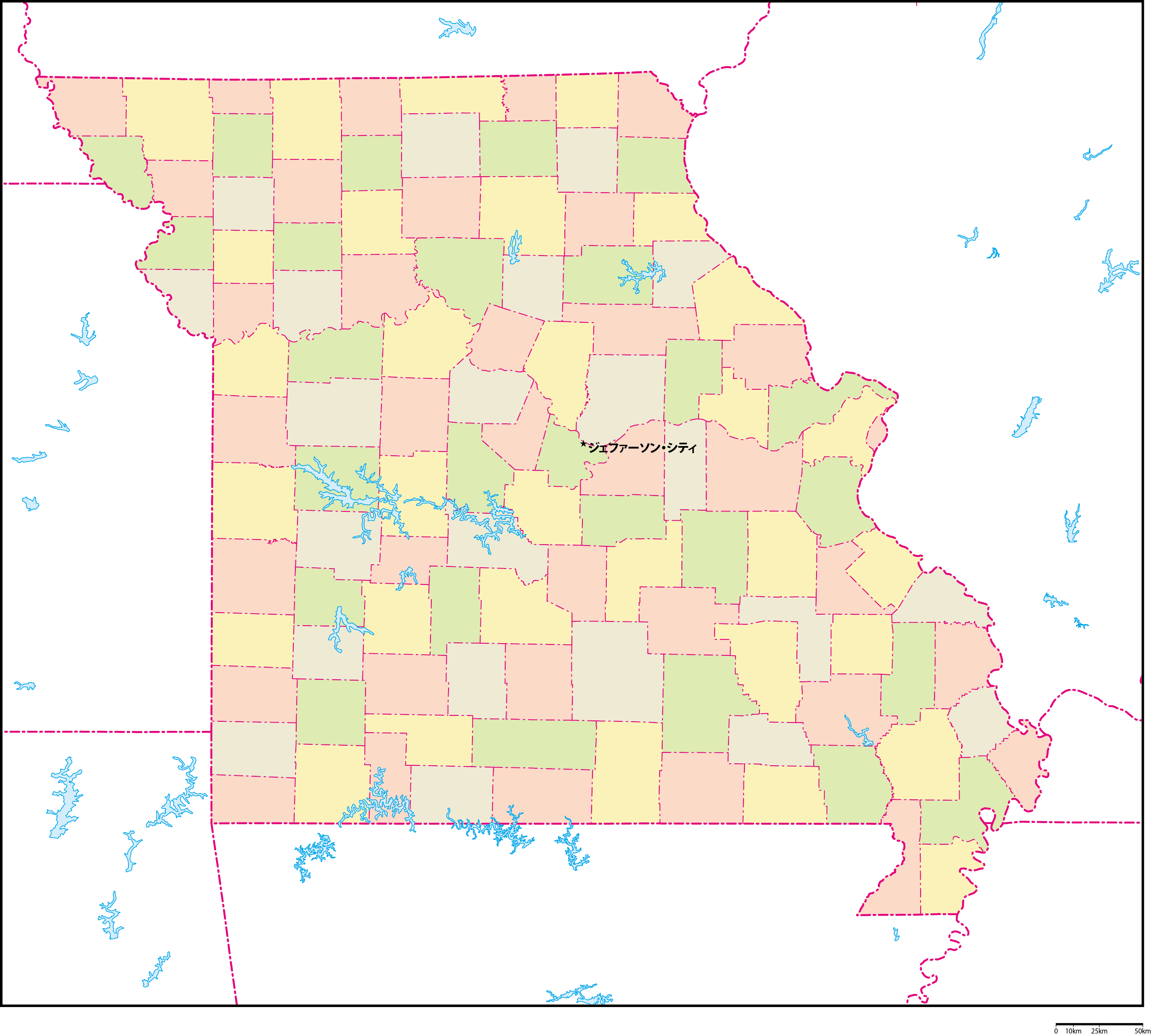 ミズーリ州郡色分け地図州都あり(日本語)フリーデータの画像