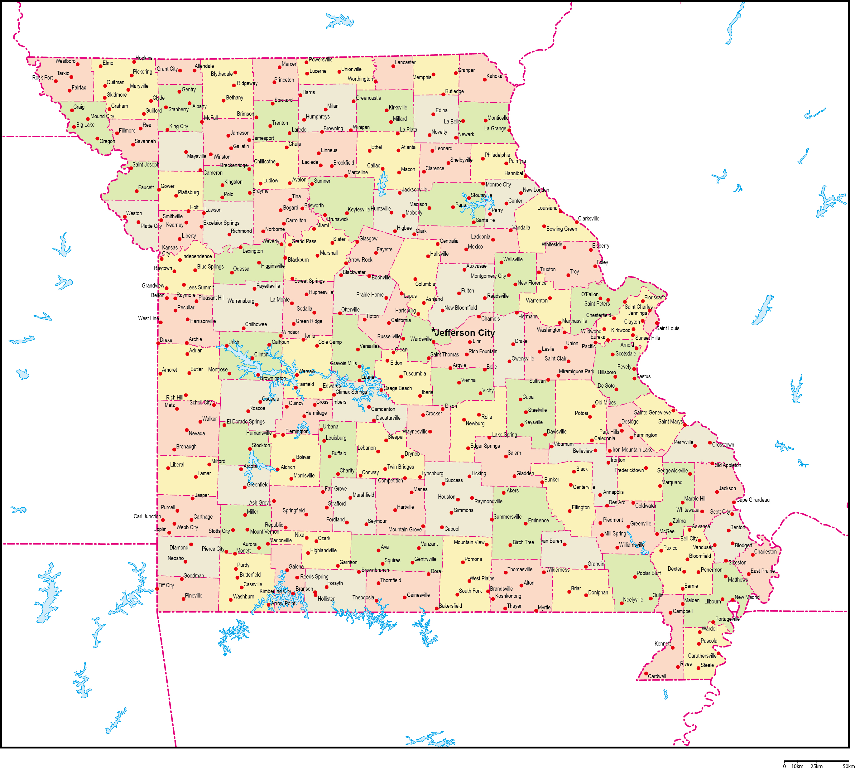 ミズーリ州郡色分け地図州都・主な都市あり(英語)フリーデータの画像