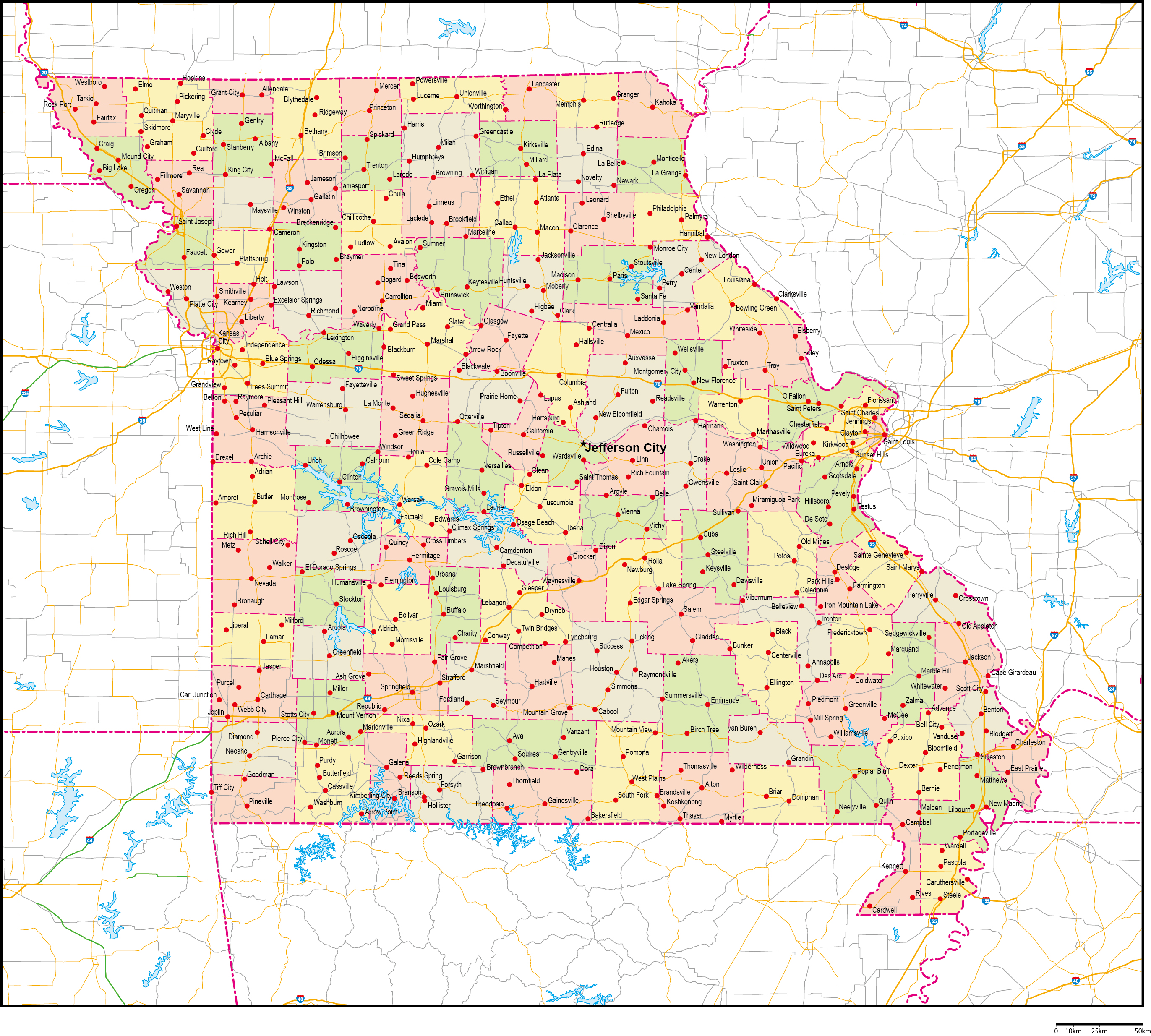 ミズーリ州郡色分け地図州都・主な都市・道路あり(英語)フリーデータの画像