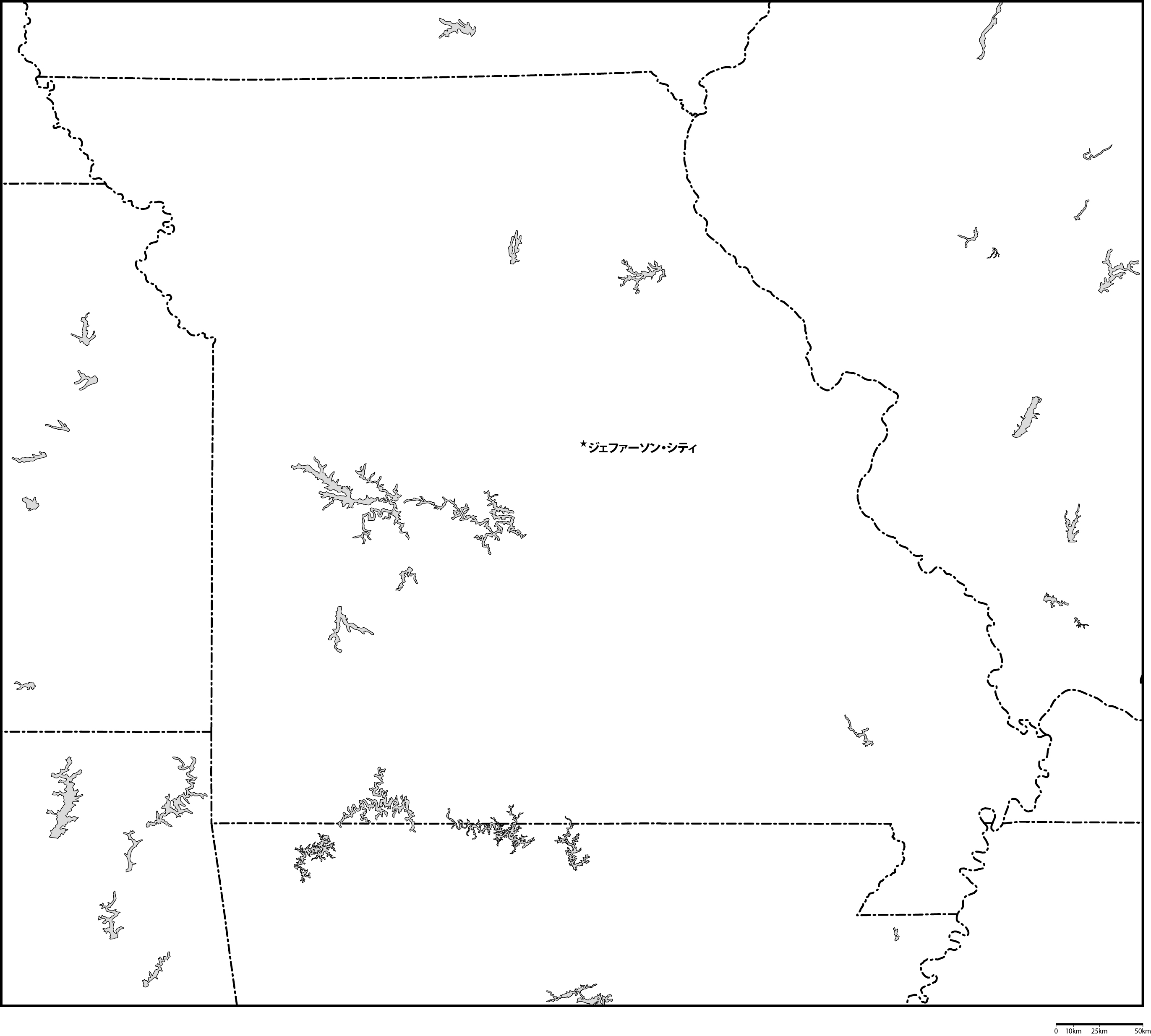 ミズーリ州白地図州都あり(日本語)フリーデータの画像