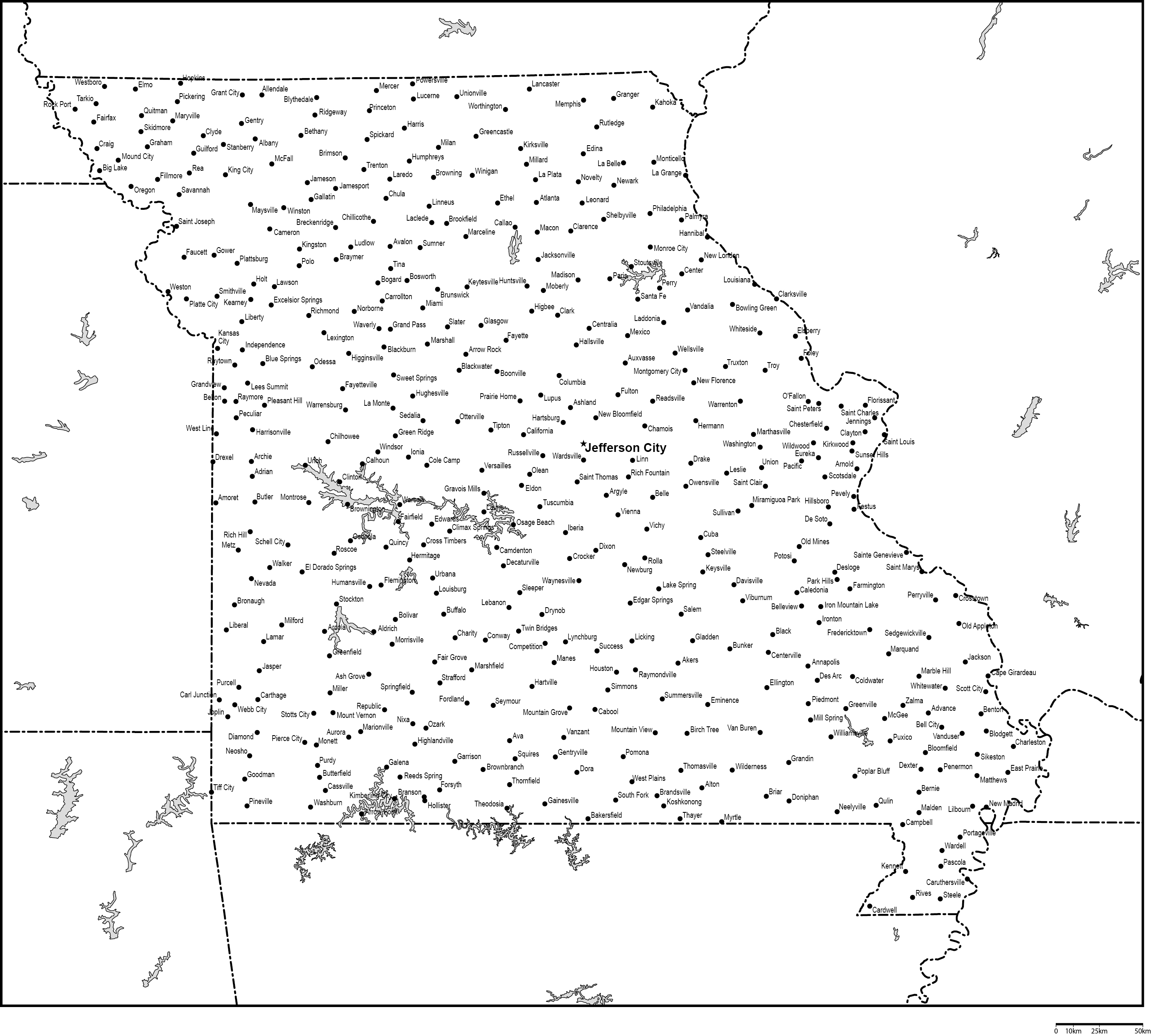 ミズーリ州白地図州都・主な都市あり(英語)フリーデータの画像