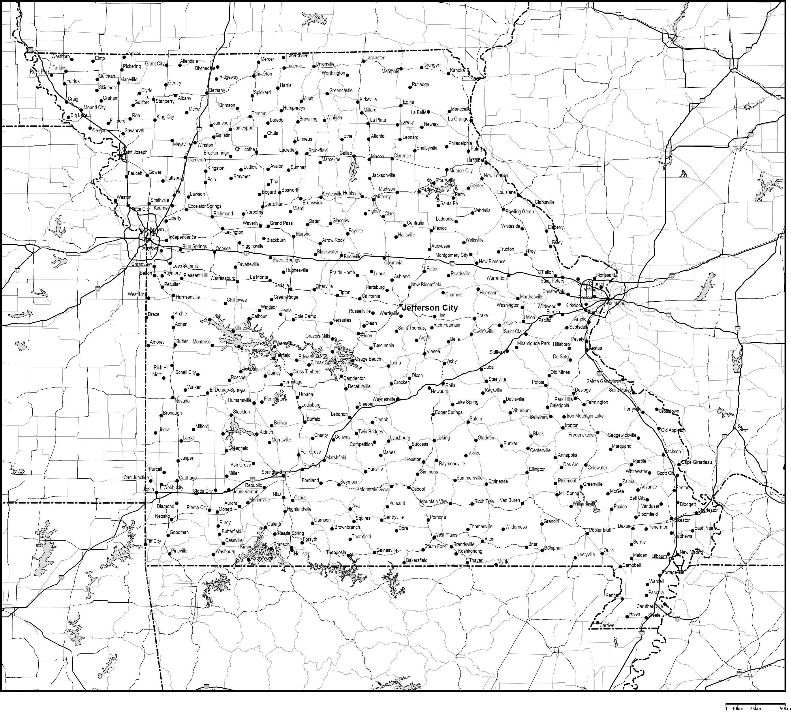 ミズーリ州白地図州都・主な都市・道路あり(英語)フリーデータの画像