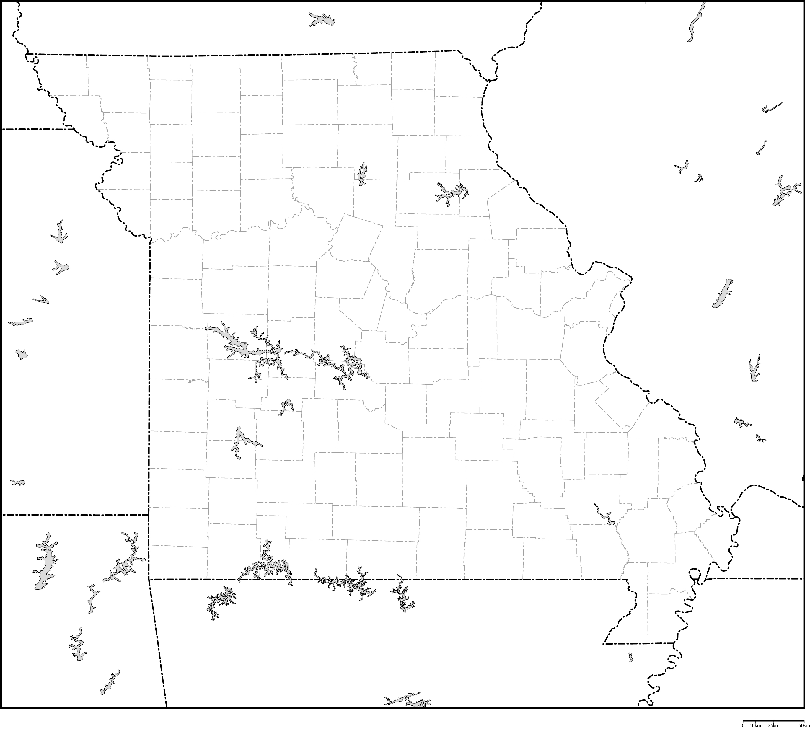 ミズーリ州郡分け白地図フリーデータの画像