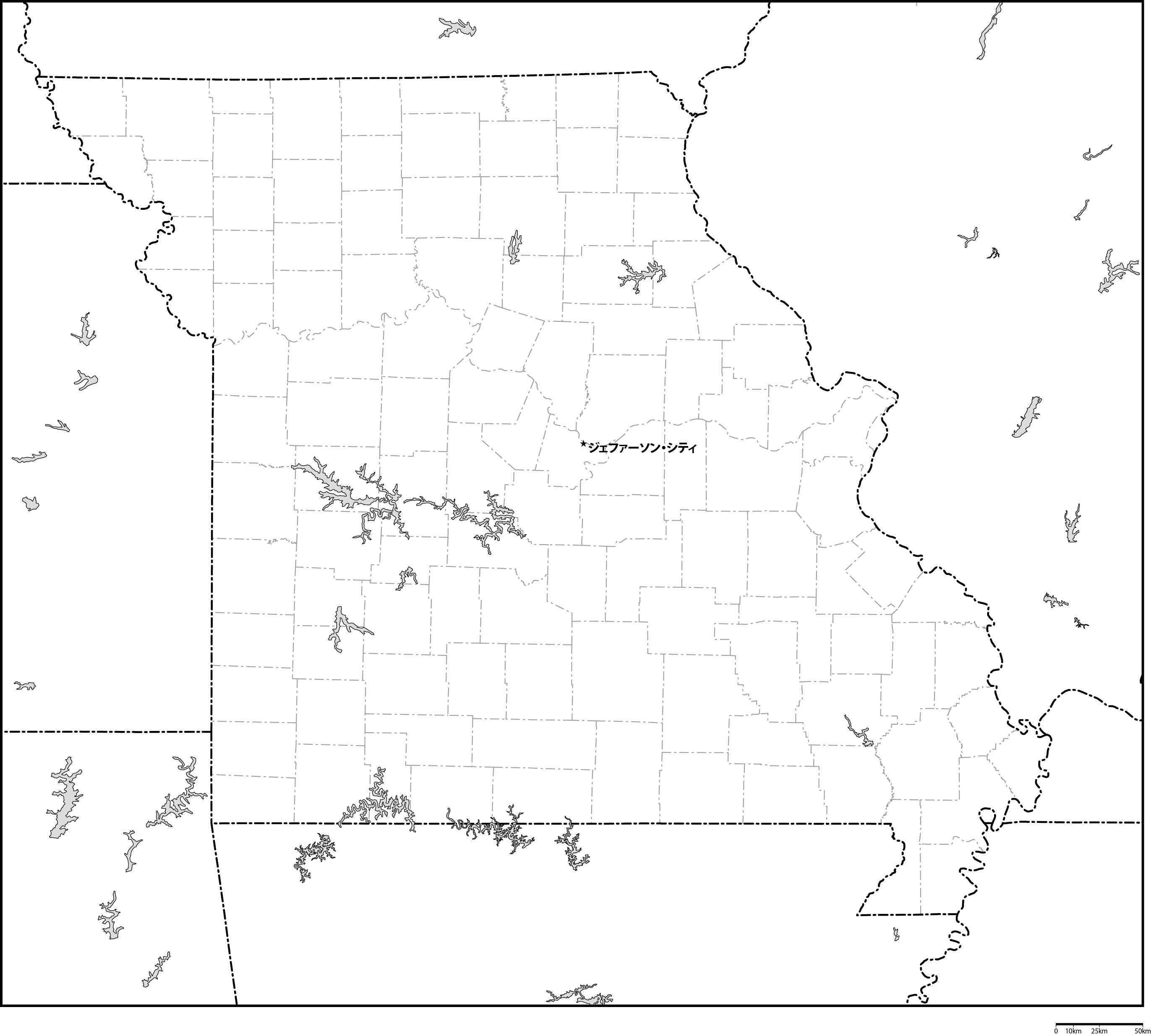 ミズーリ州郡分け白地図州都あり(日本語)フリーデータの画像