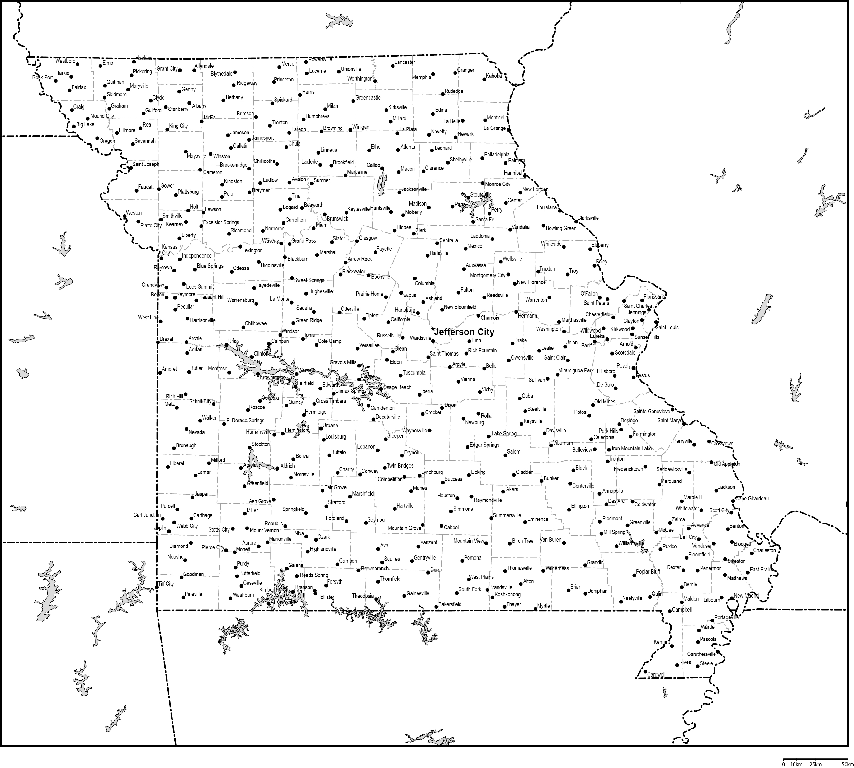 ミズーリ州郡分け白地図州都・主な都市あり(英語)フリーデータの画像