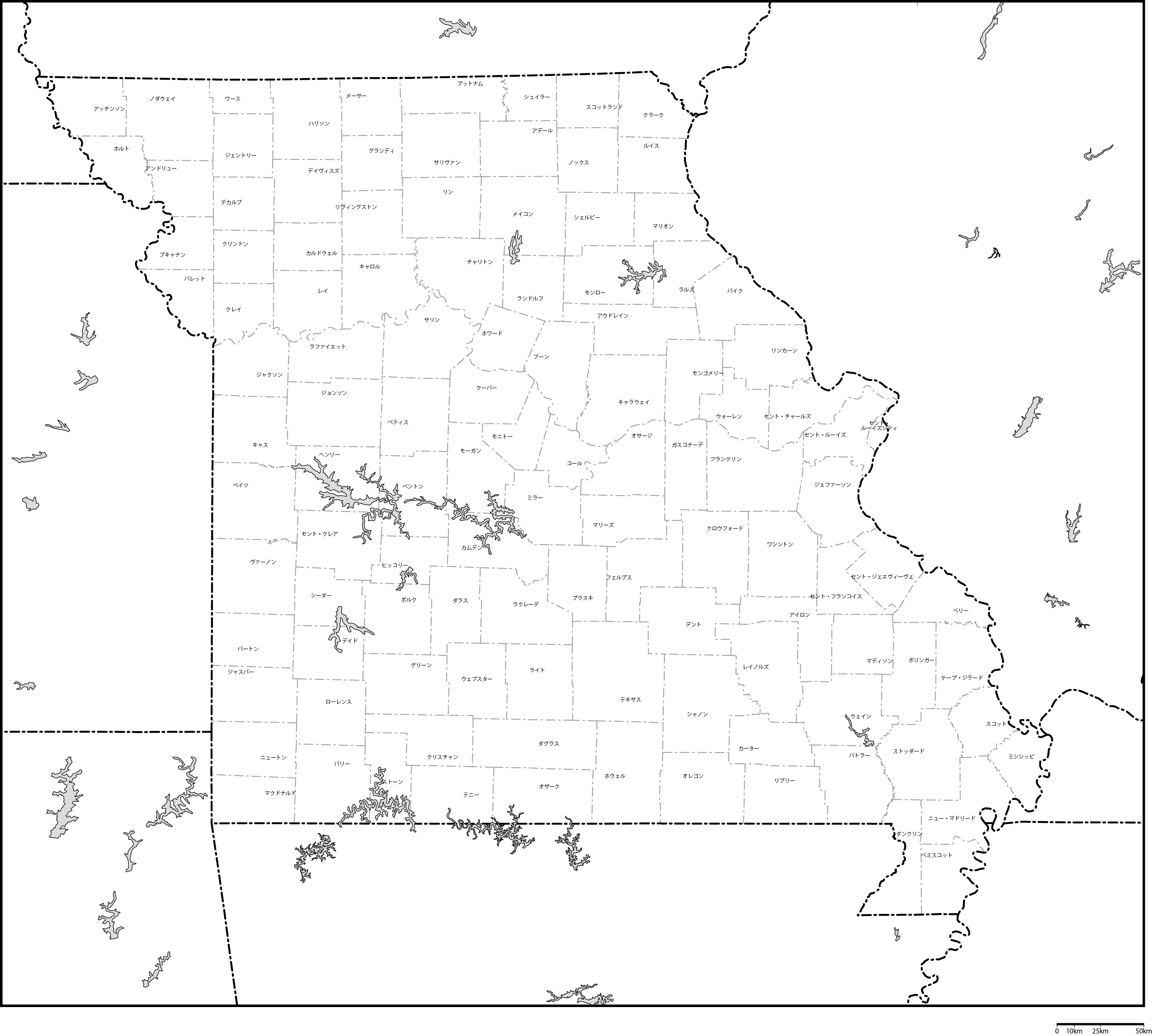 ミズーリ州郡分け地図郡名あり(日本語)フリーデータの画像