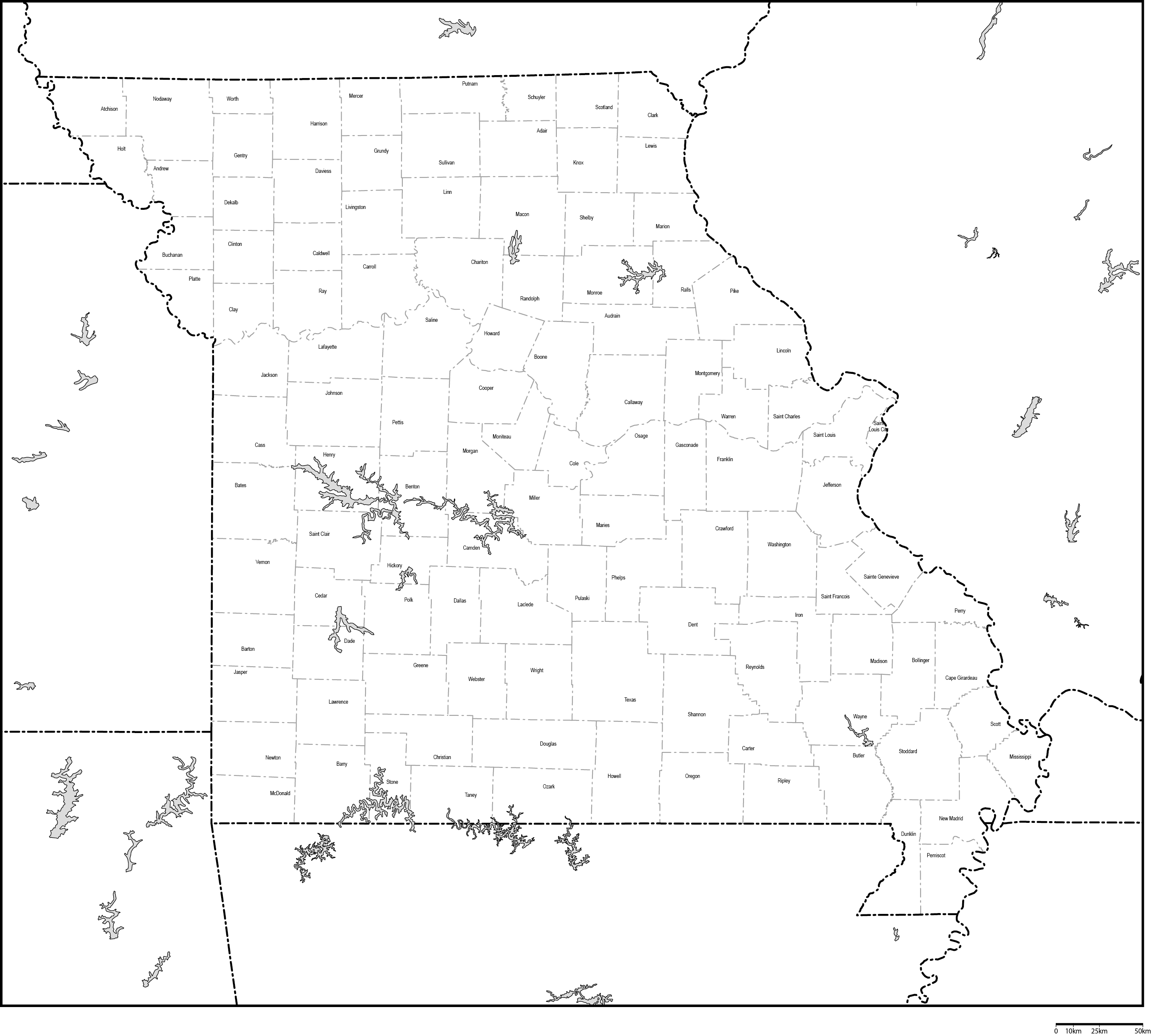ミズーリ州郡分け白地図郡名あり(英語)フリーデータの画像