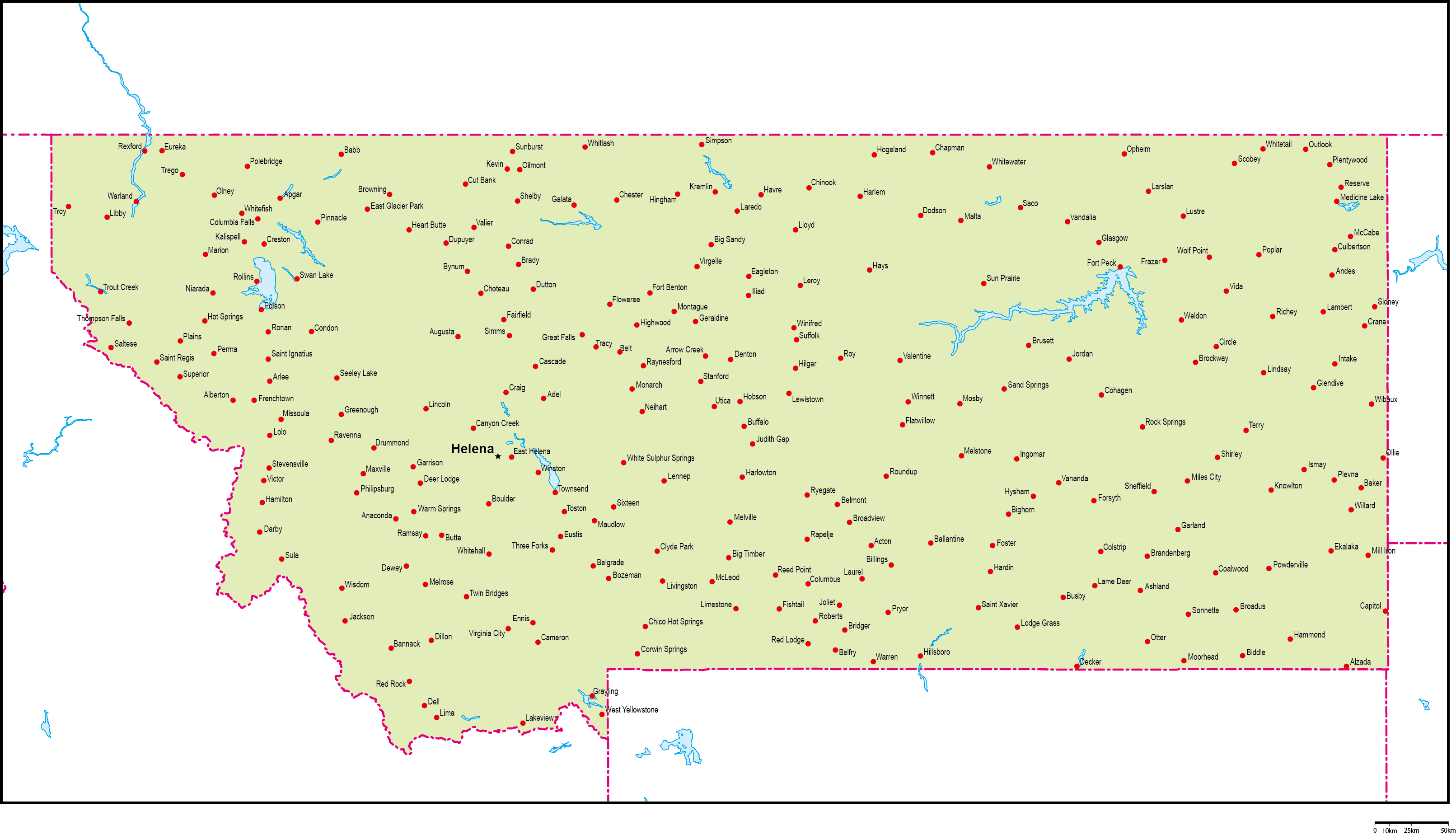 モンタナ州地図州都・主な都市あり(英語)フリーデータの画像