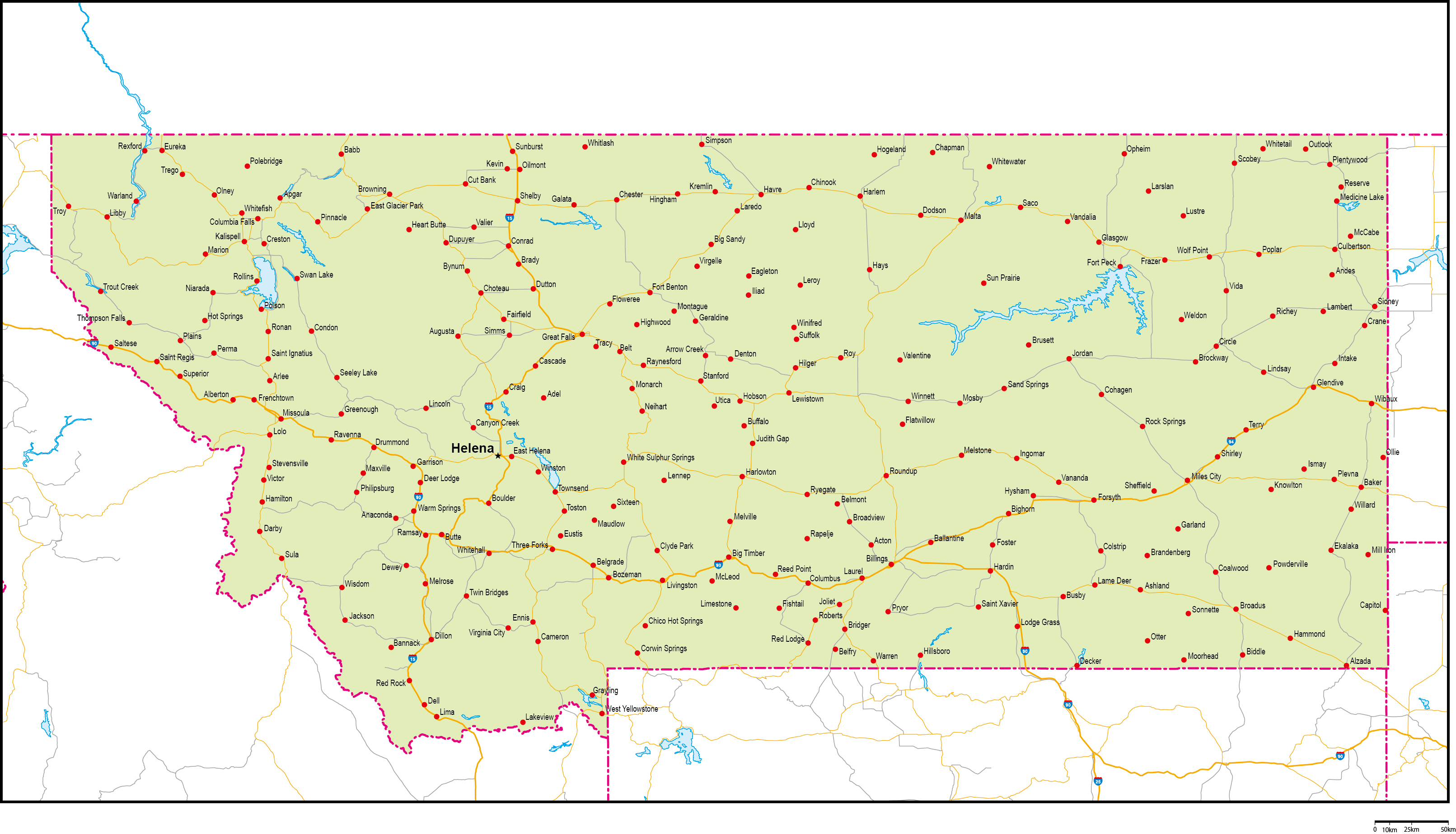 モンタナ州地図州都・主な都市・道路あり(英語)フリーデータの画像