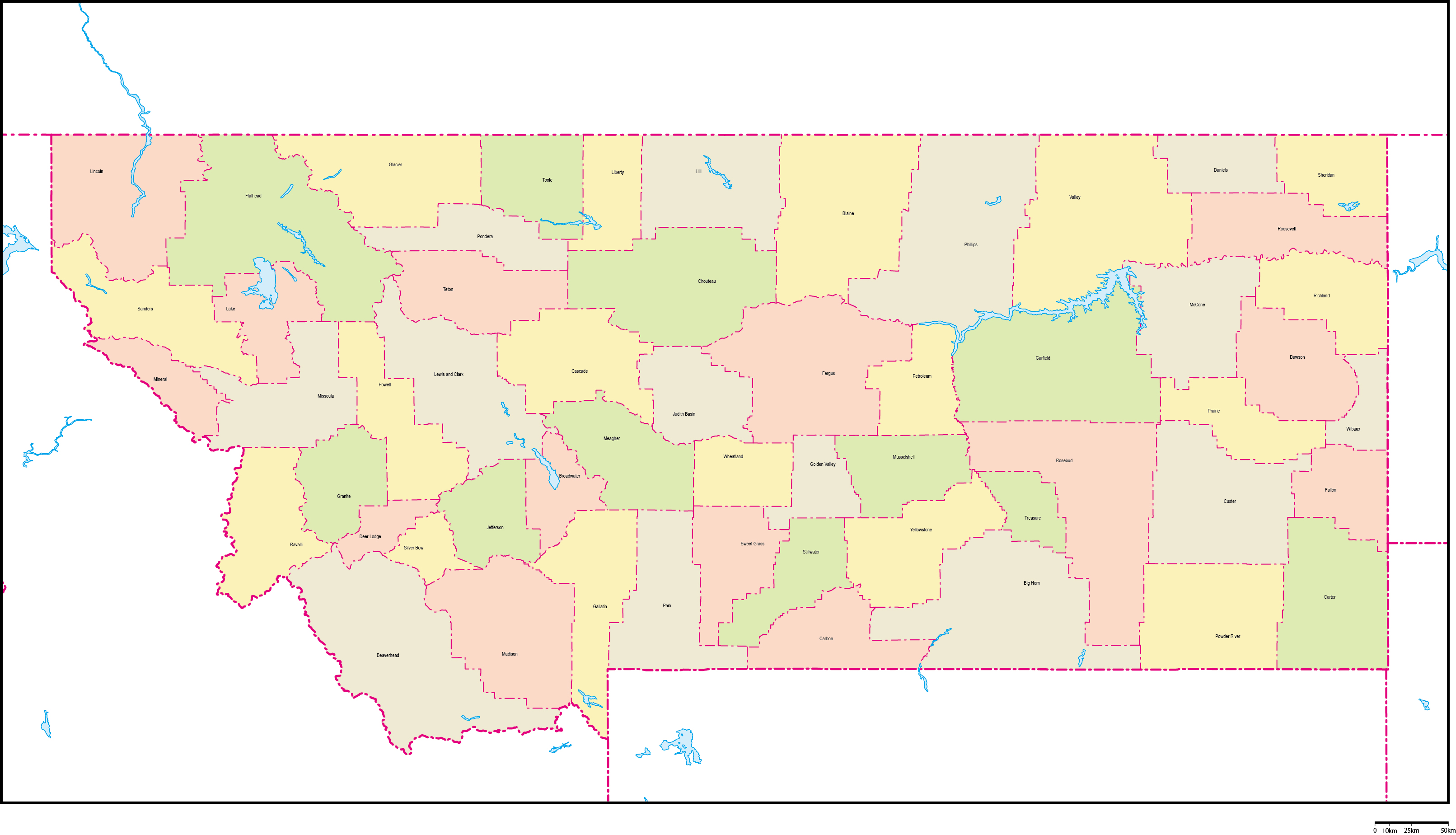 モンタナ州郡色分け地図郡名あり(英語)フリーデータの画像