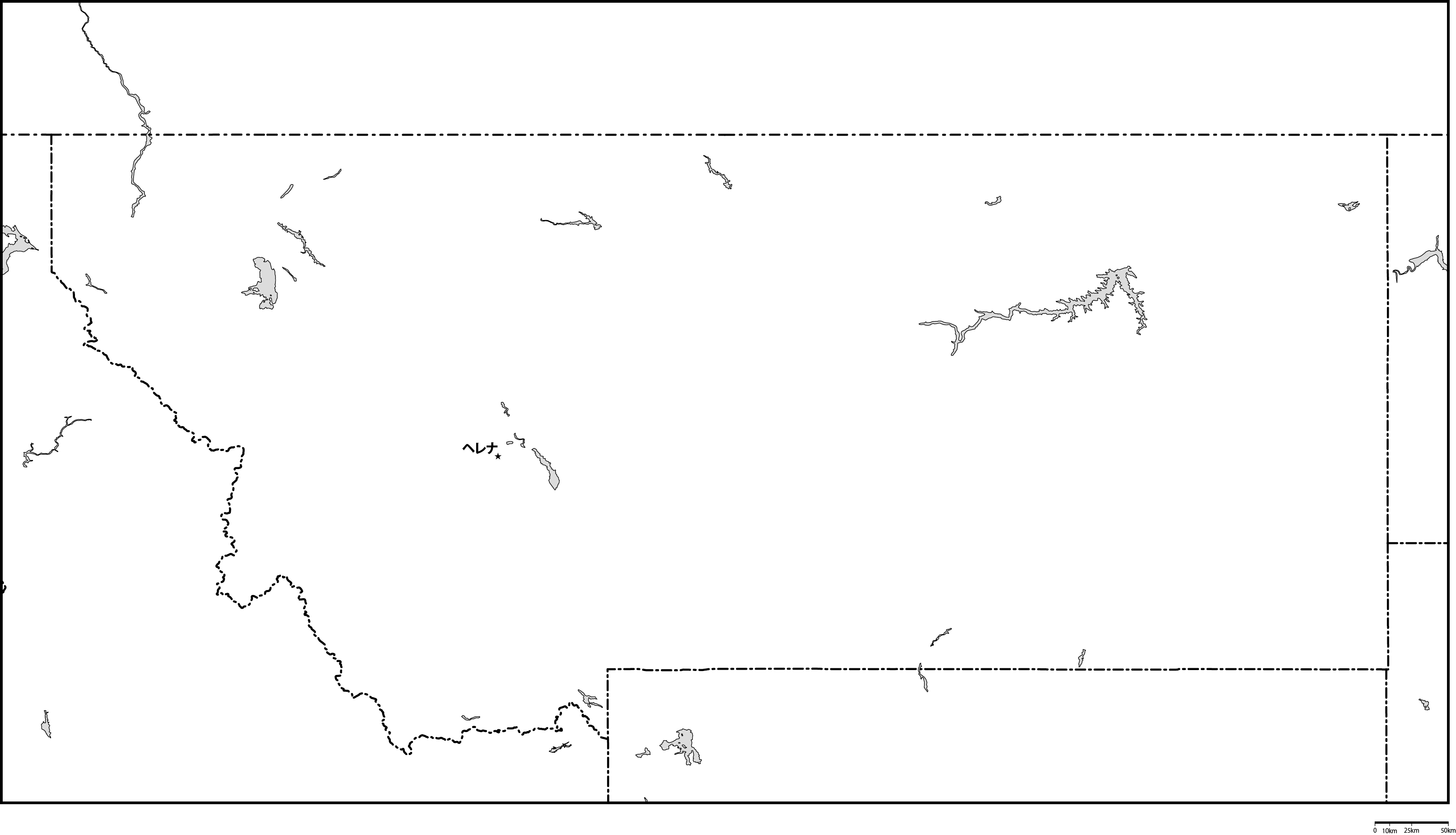 モンタナ州白地図州都あり(日本語)フリーデータの画像