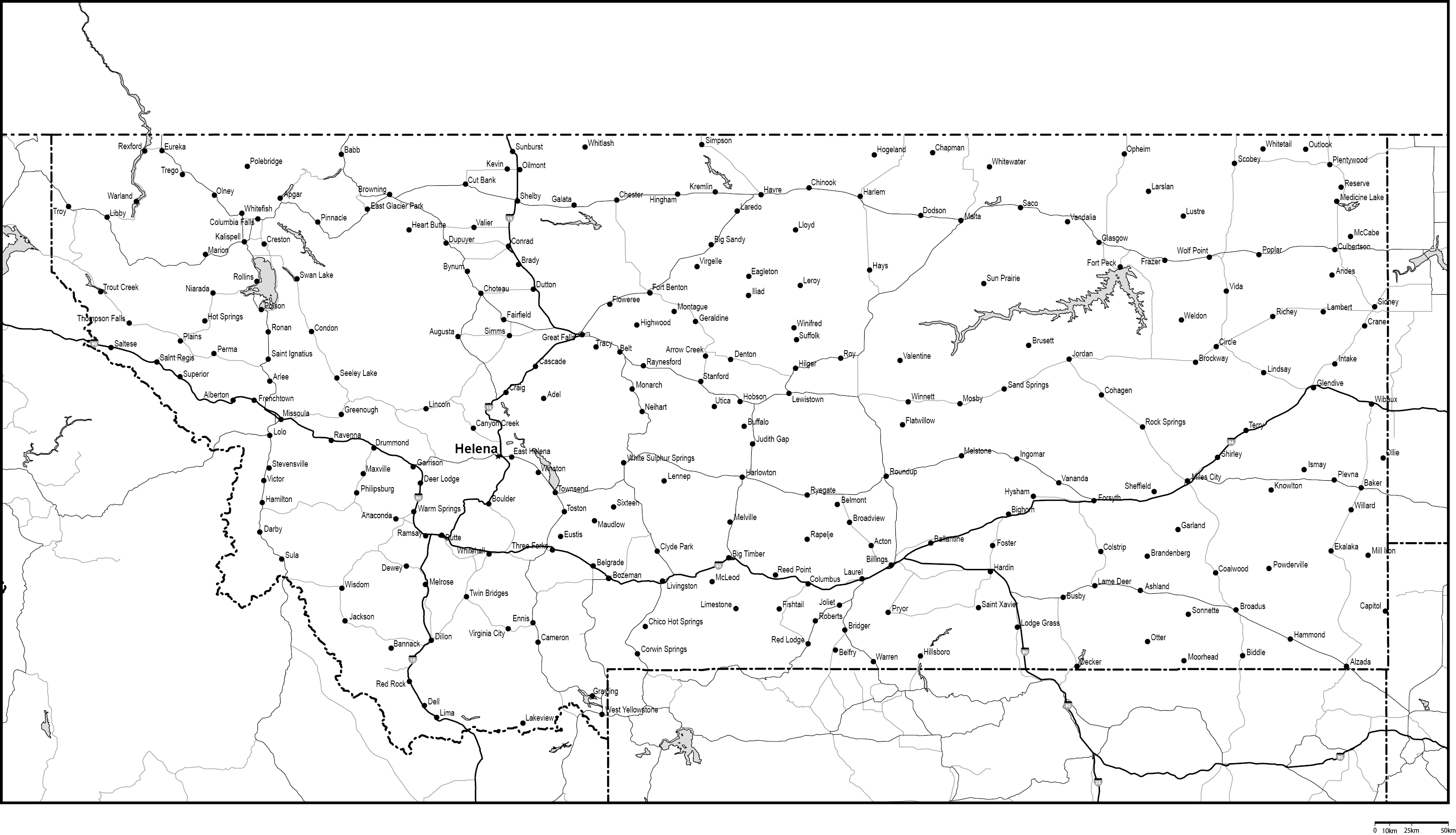 モンタナ州白地図州都・主な都市・道路あり(英語)フリーデータの画像