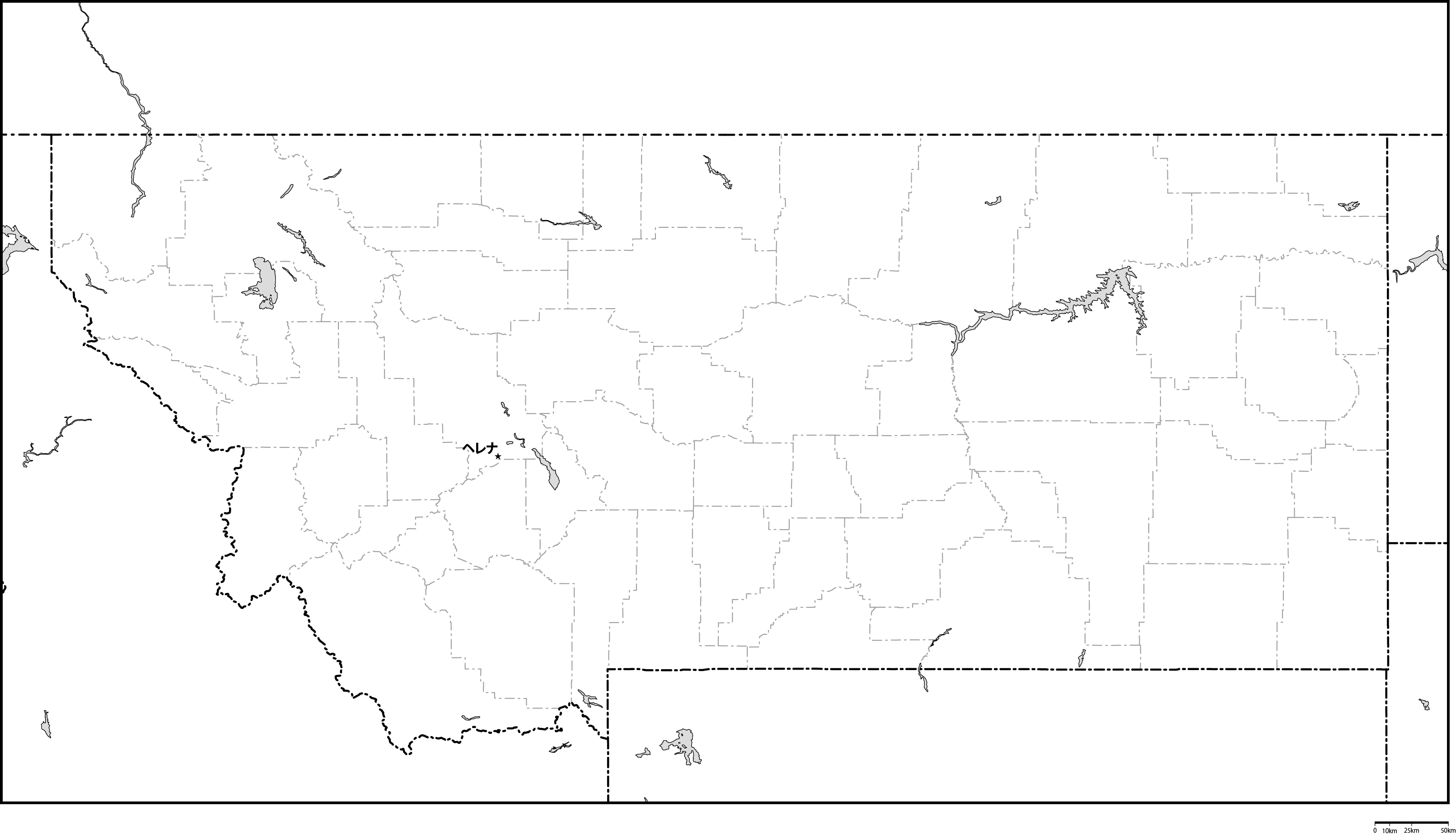 モンタナ州郡分け白地図州都あり(日本語)フリーデータの画像