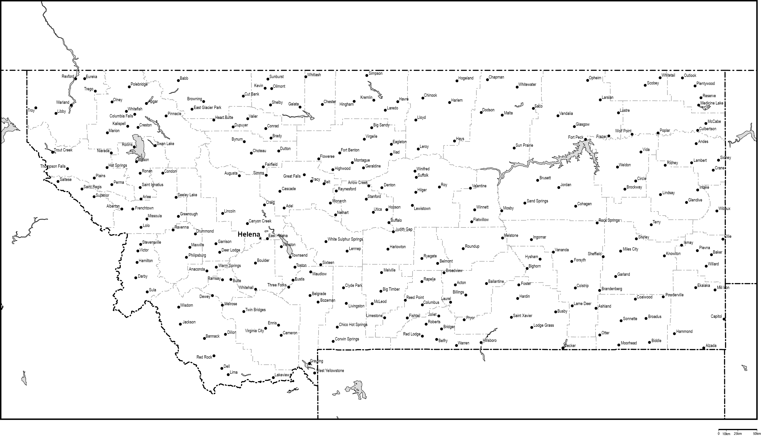 モンタナ州郡分け白地図州都・主な都市あり(英語)フリーデータの画像
