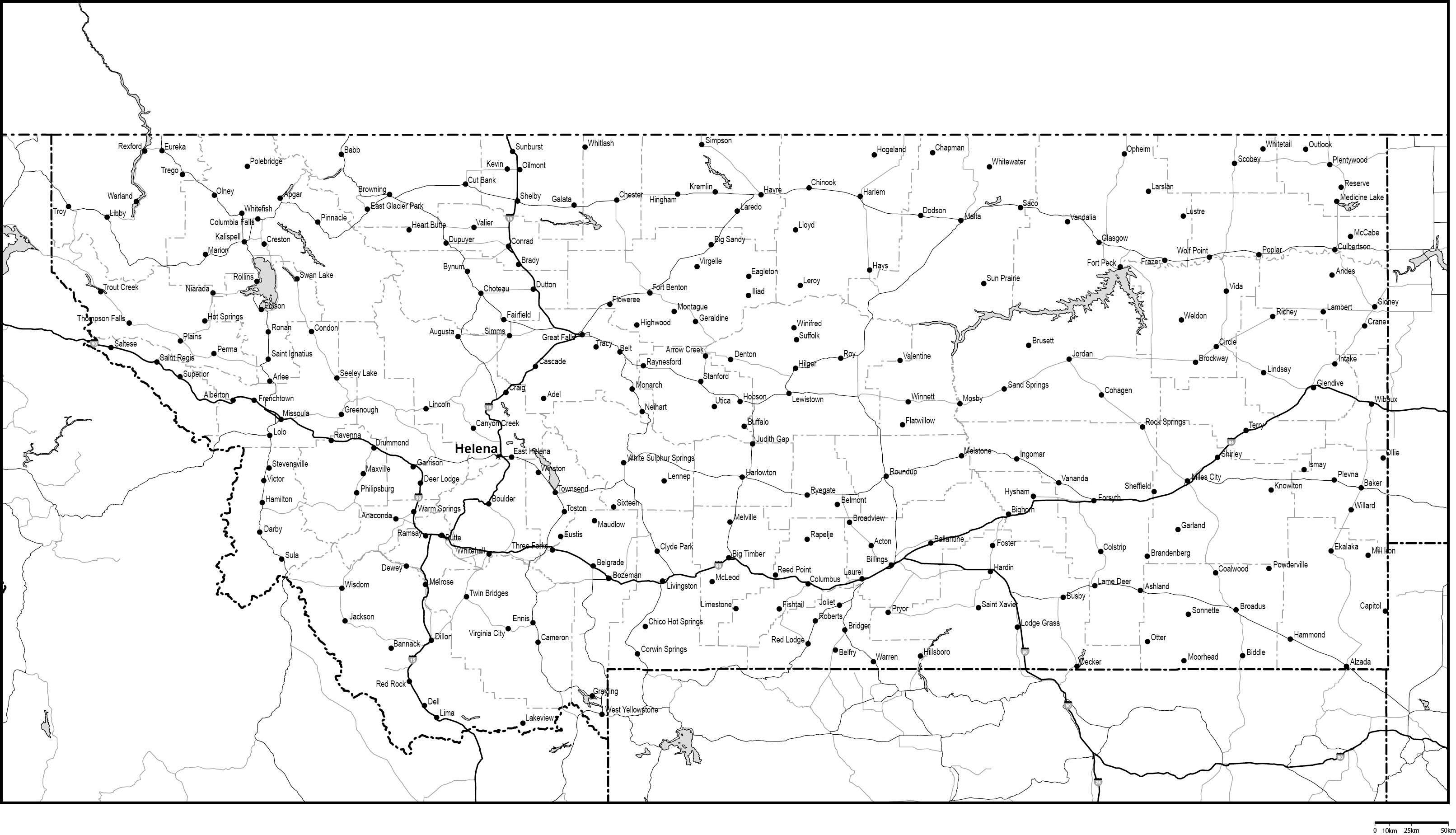 モンタナ州郡分け白地図州都・主な都市・道路あり(英語)フリーデータの画像