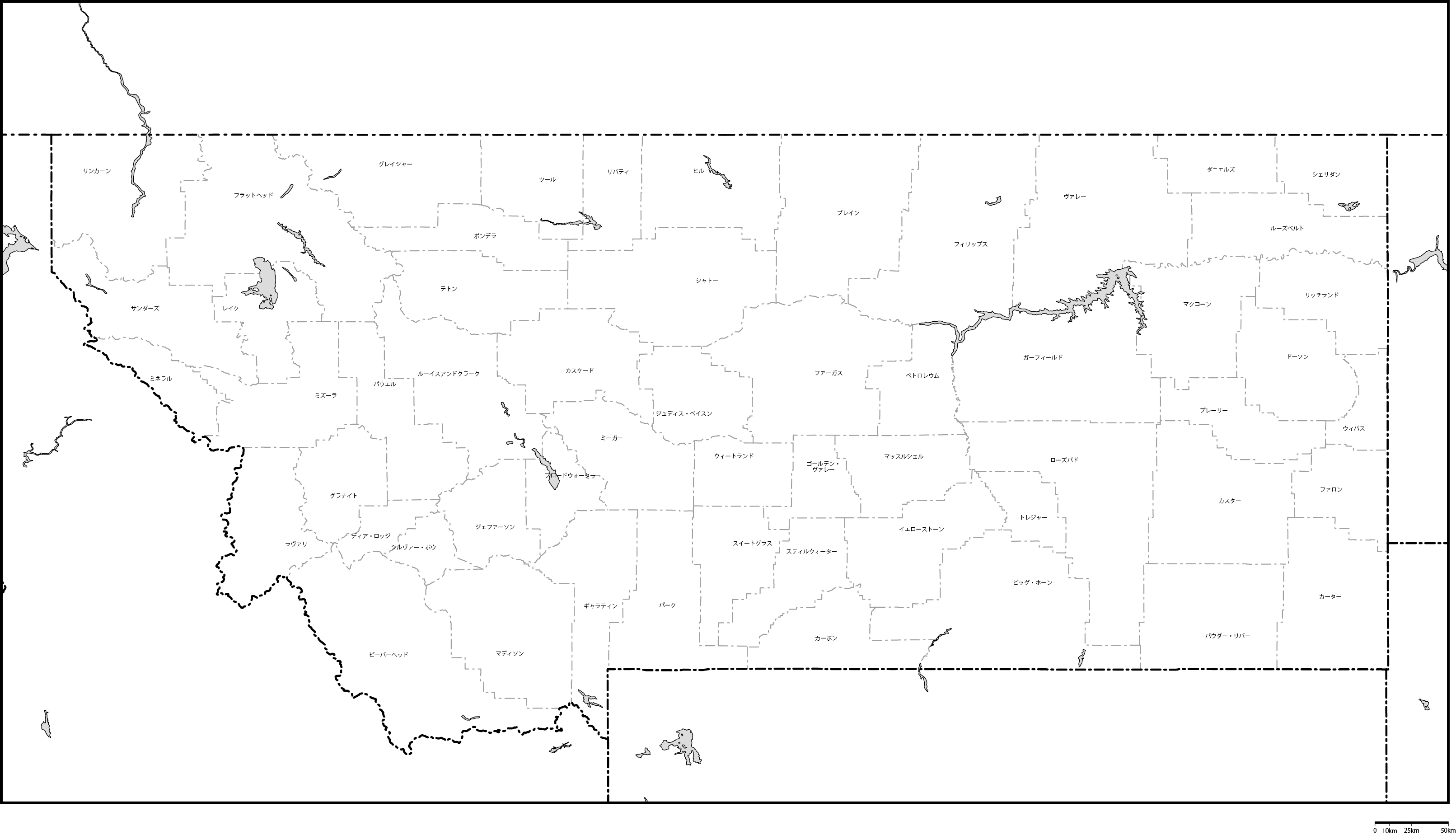 モンタナ州郡分け地図郡名あり(日本語)フリーデータの画像