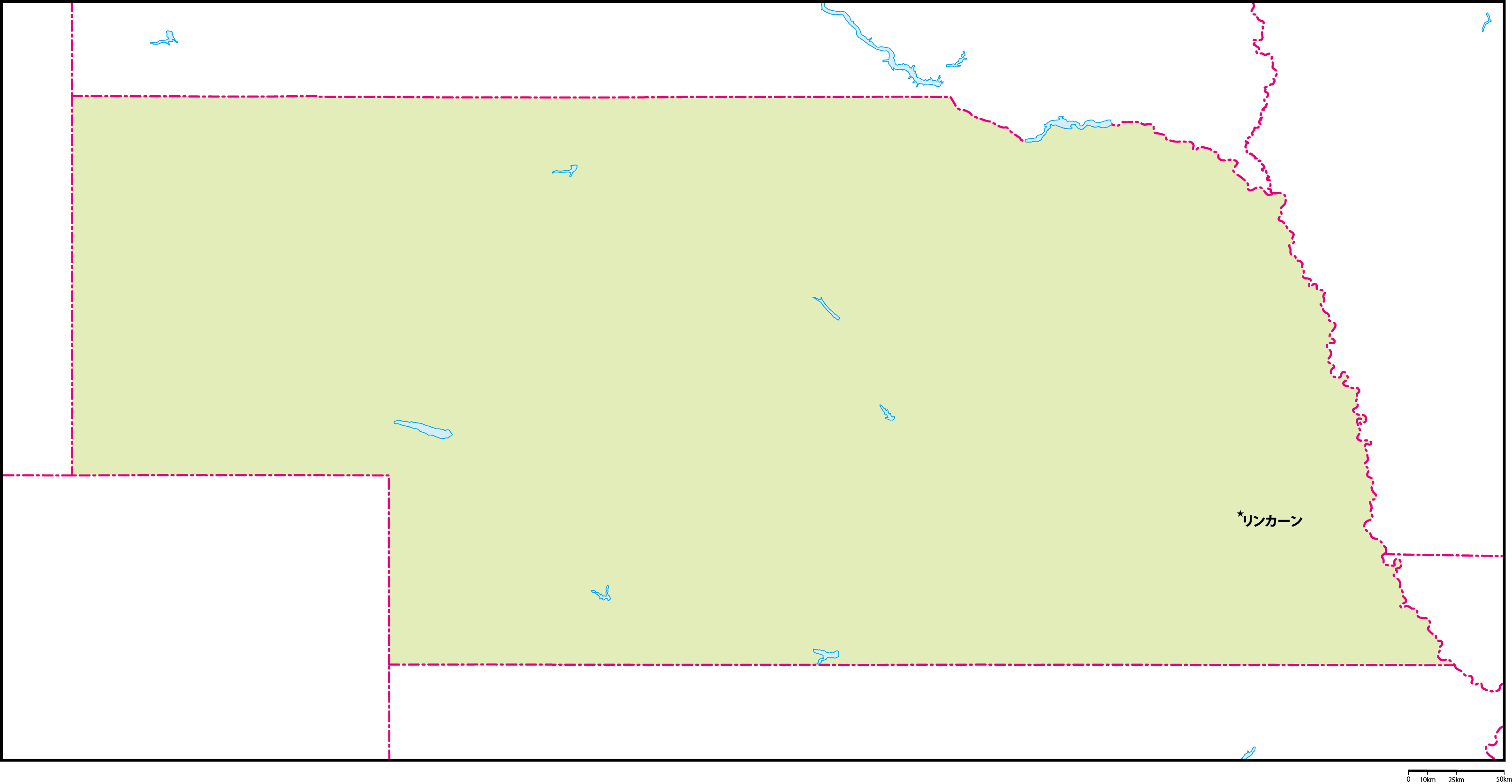 ネブラスカ州地図州都あり(日本語)フリーデータの画像