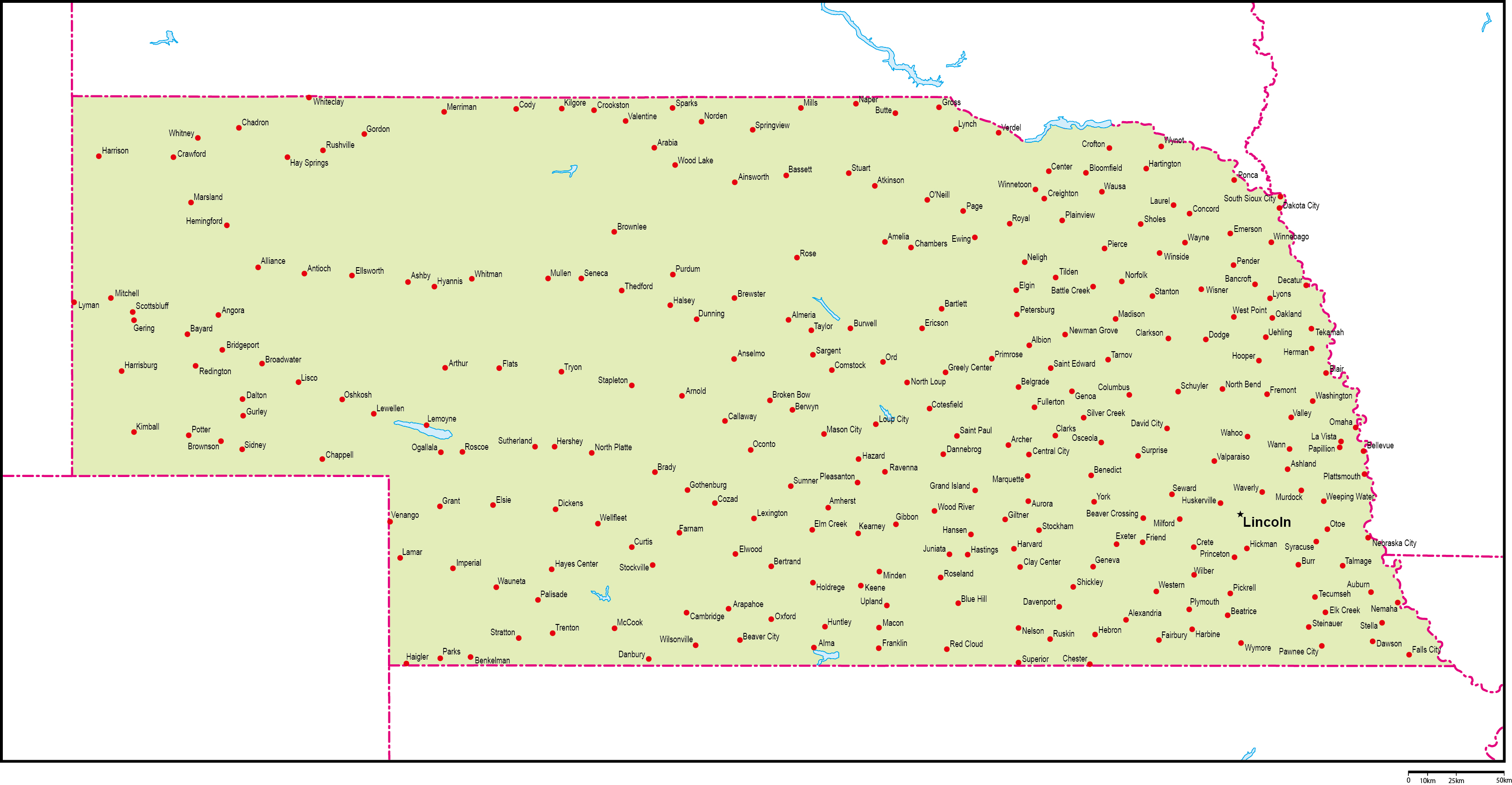 ネブラスカ州地図州都・主な都市あり(英語)フリーデータの画像