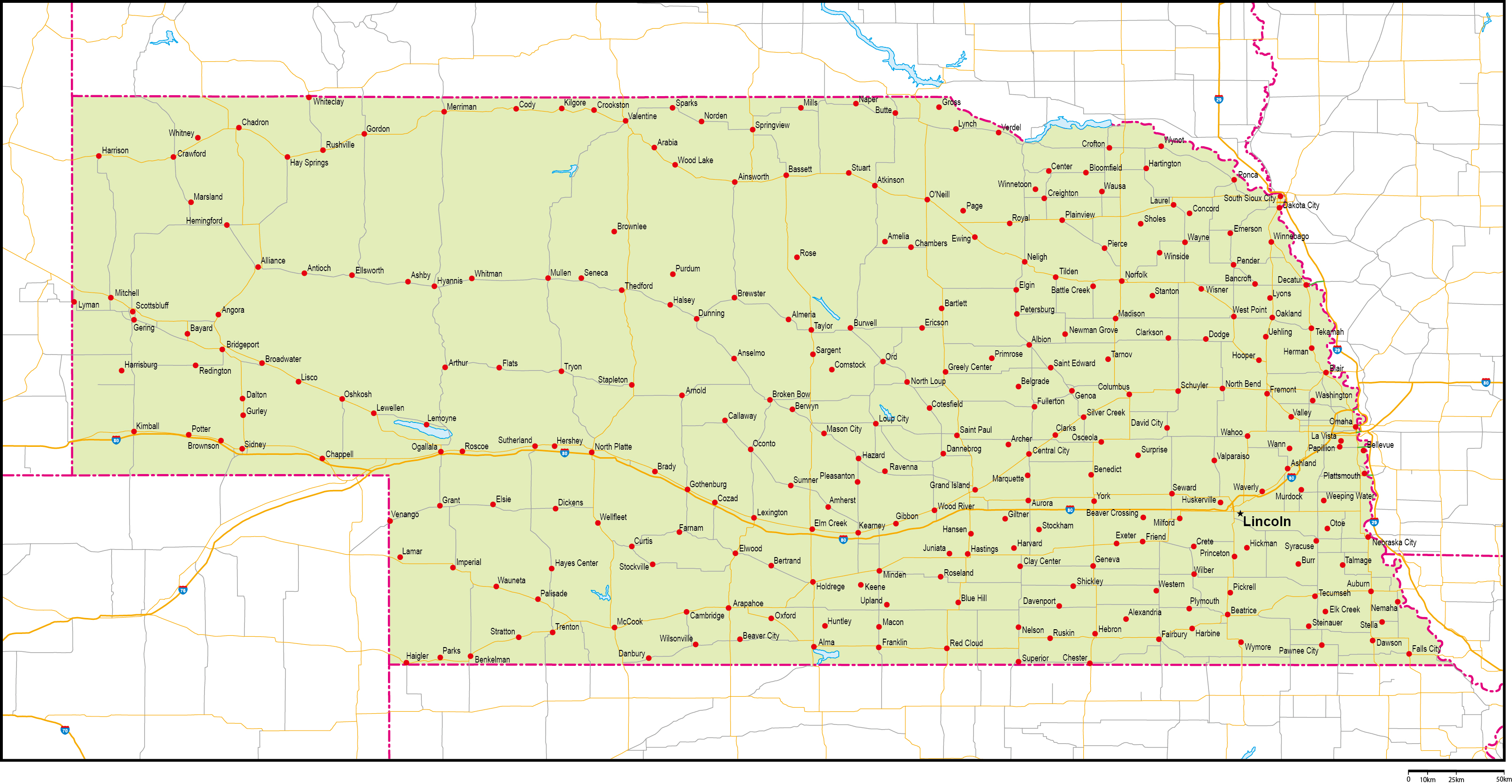 ネブラスカ州地図州都・主な都市・道路あり(英語)フリーデータの画像