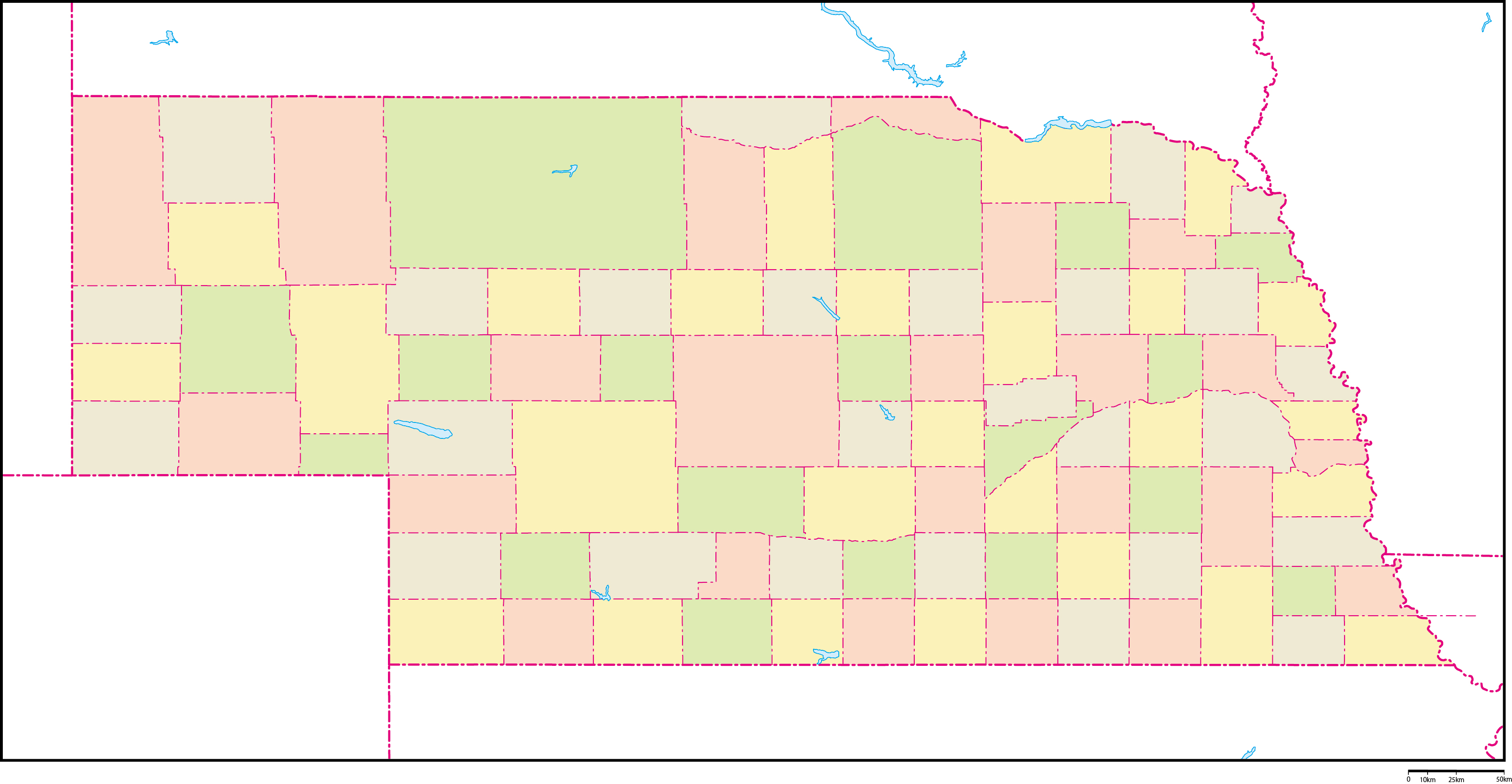 ネブラスカ州郡色分け地図フリーデータの画像