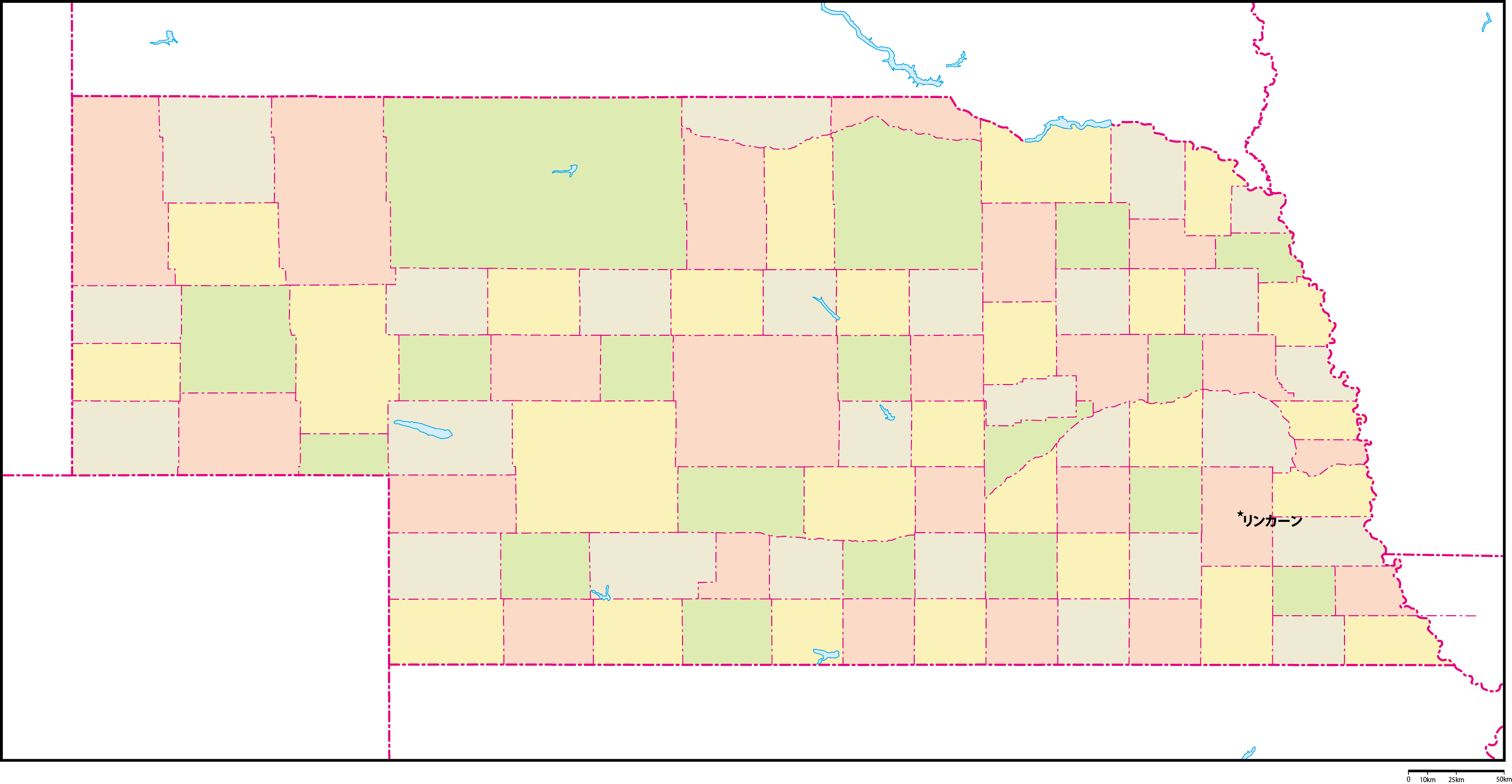ネブラスカ州郡色分け地図州都あり(日本語)フリーデータの画像