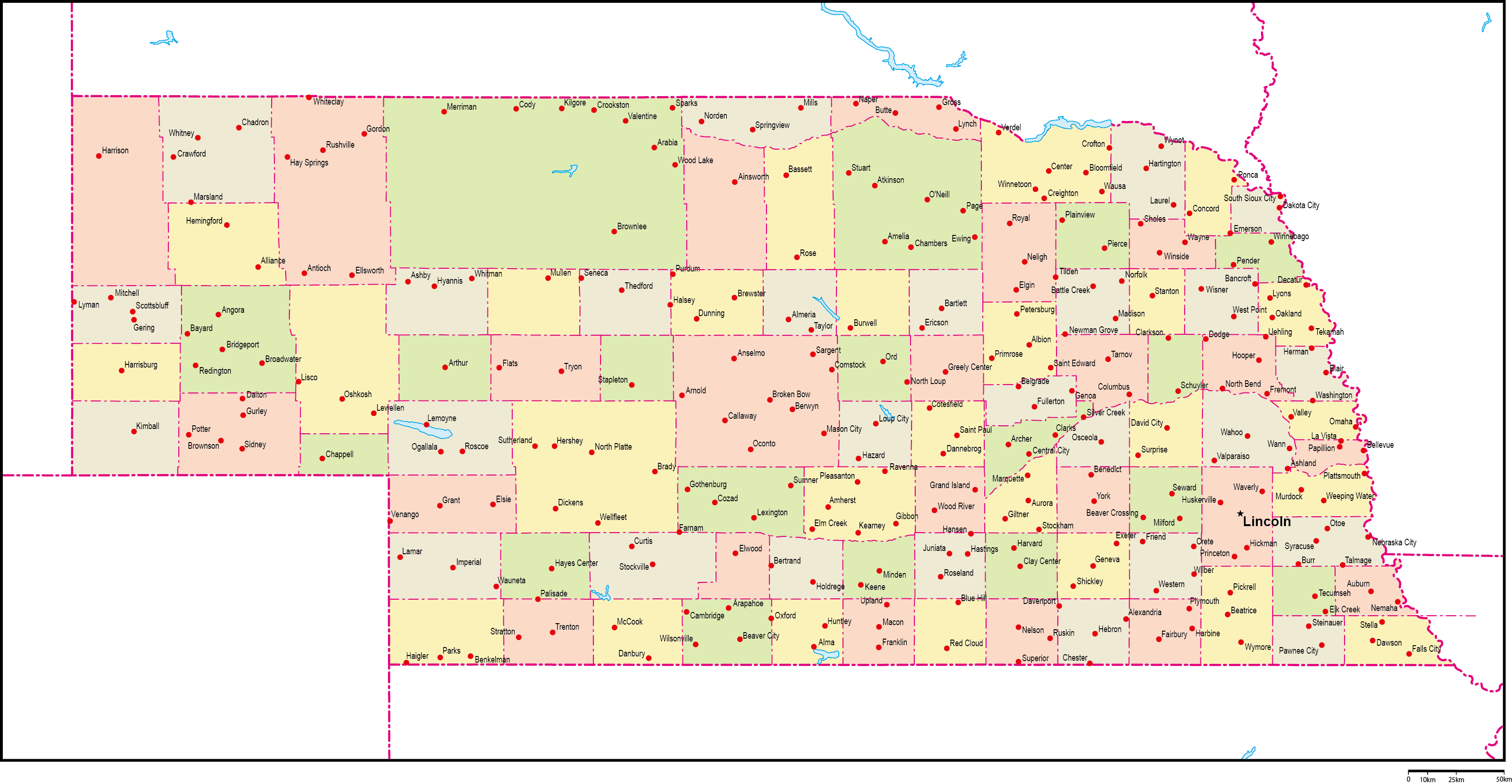 ネブラスカ州郡色分け地図州都・主な都市あり(英語)フリーデータの画像