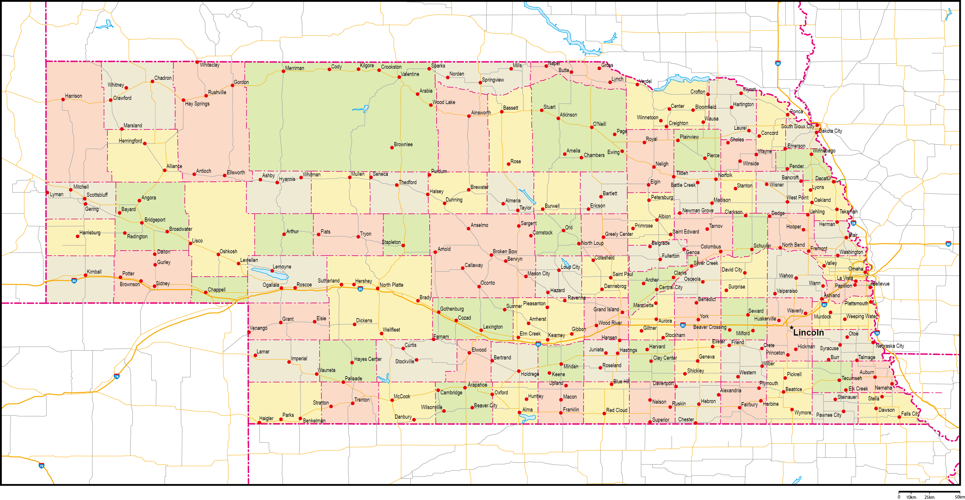 ネブラスカ州郡色分け地図州都・主な都市・道路あり(英語)フリーデータの画像