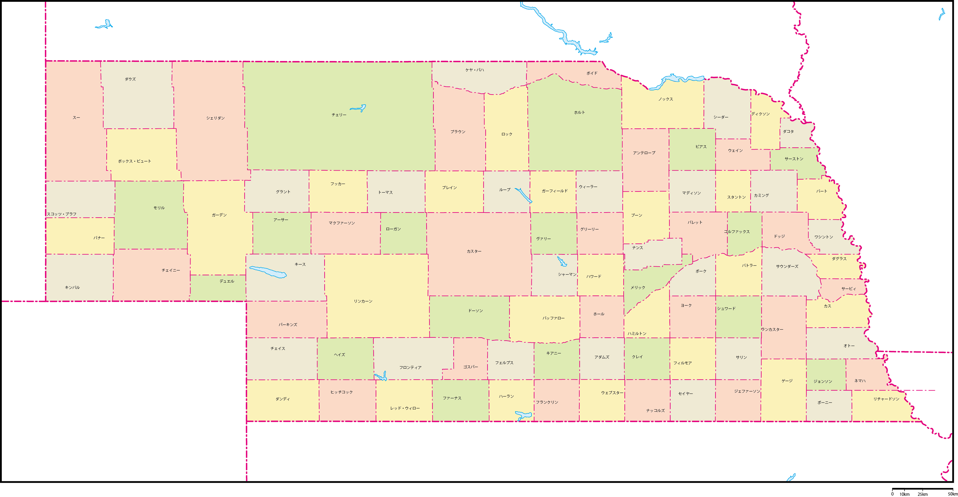 ネブラスカ州郡色分け地図郡名あり(日本語)フリーデータの画像