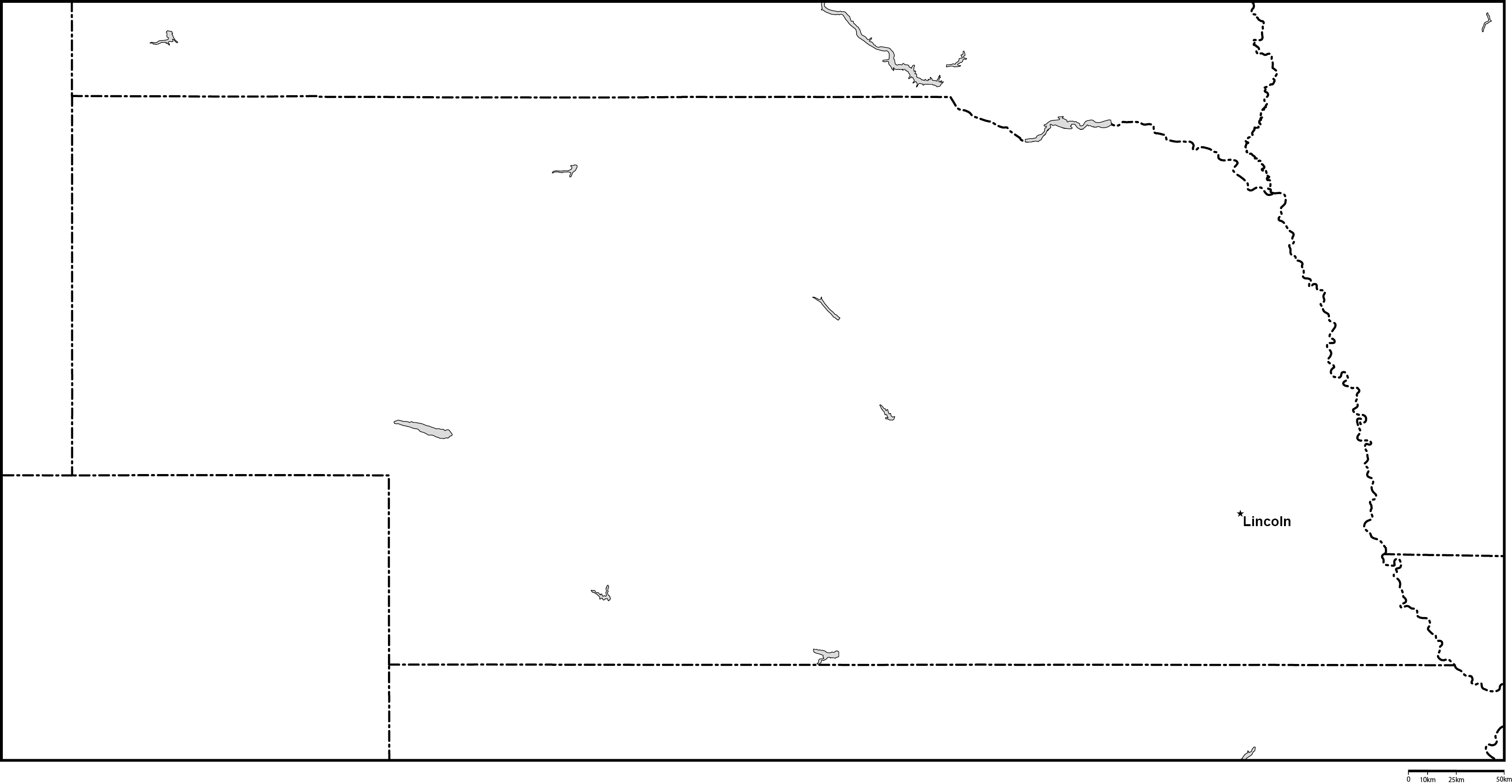 ネブラスカ州白地図州都あり(英語)フリーデータの画像