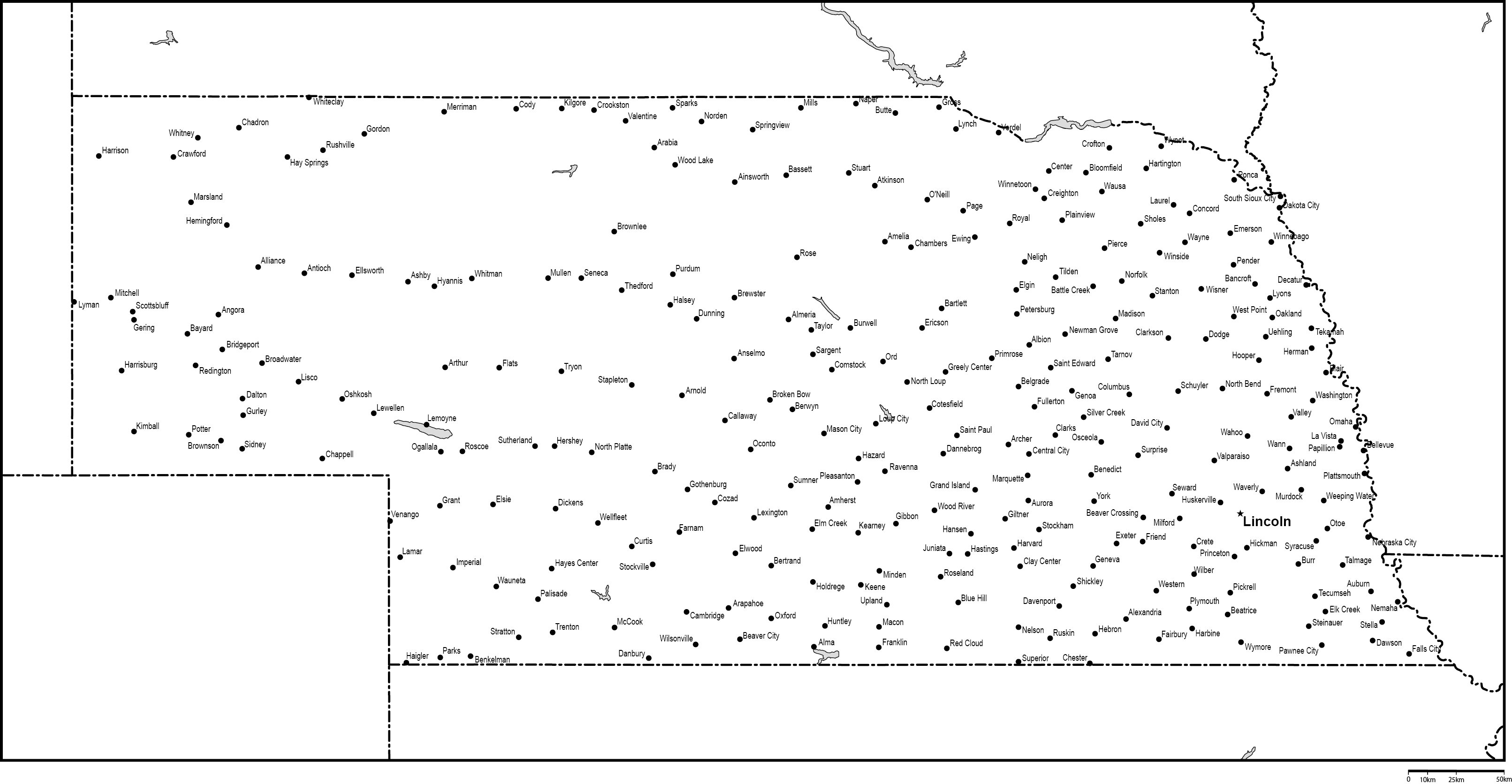 ネブラスカ州白地図州都・主な都市あり(英語)フリーデータの画像